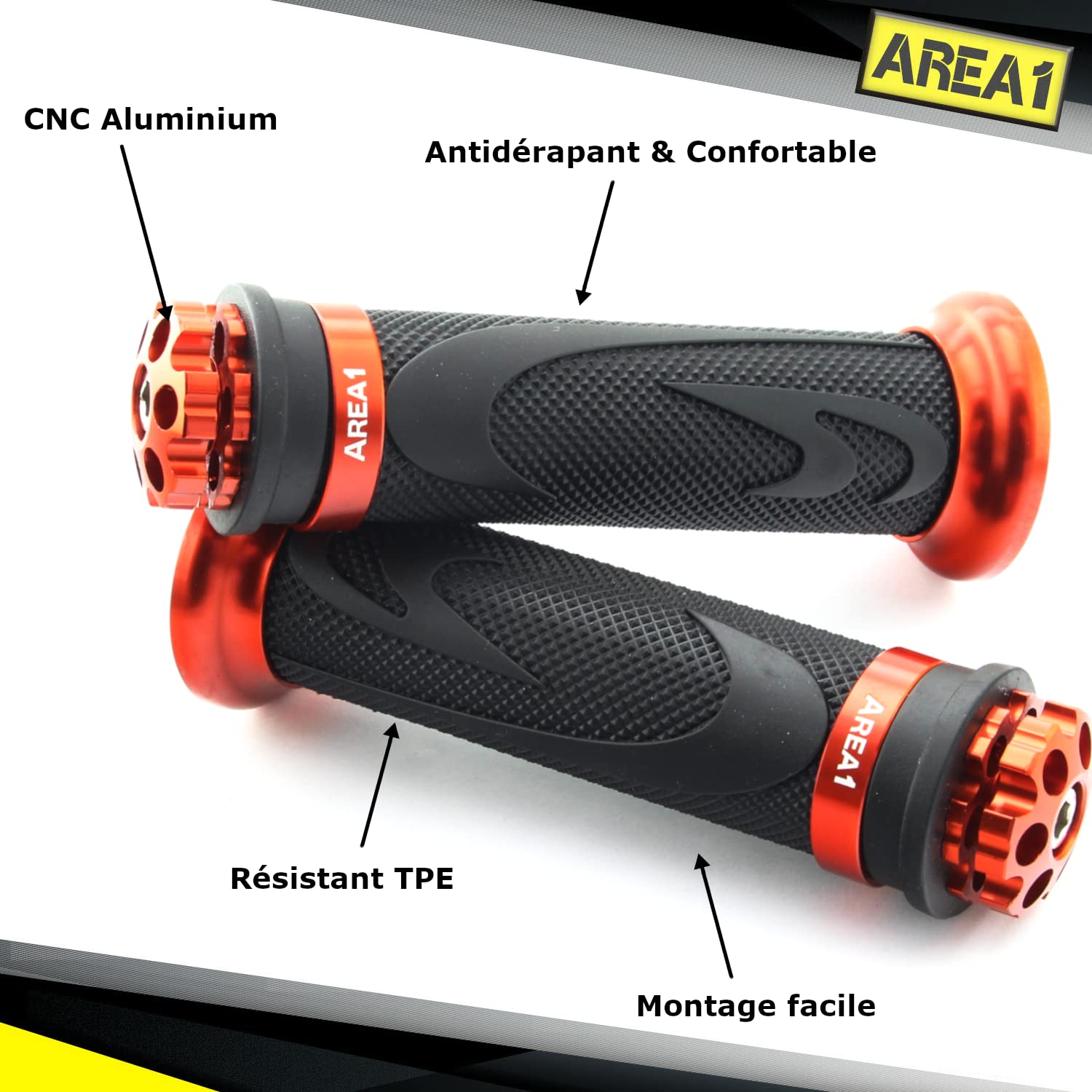 Area1 Poignées de Guidon Universelles 22/24-25 mm Moto Poignée en Caoutchouc, Antidérapantes, RS Orange, Compatibles avec KSR