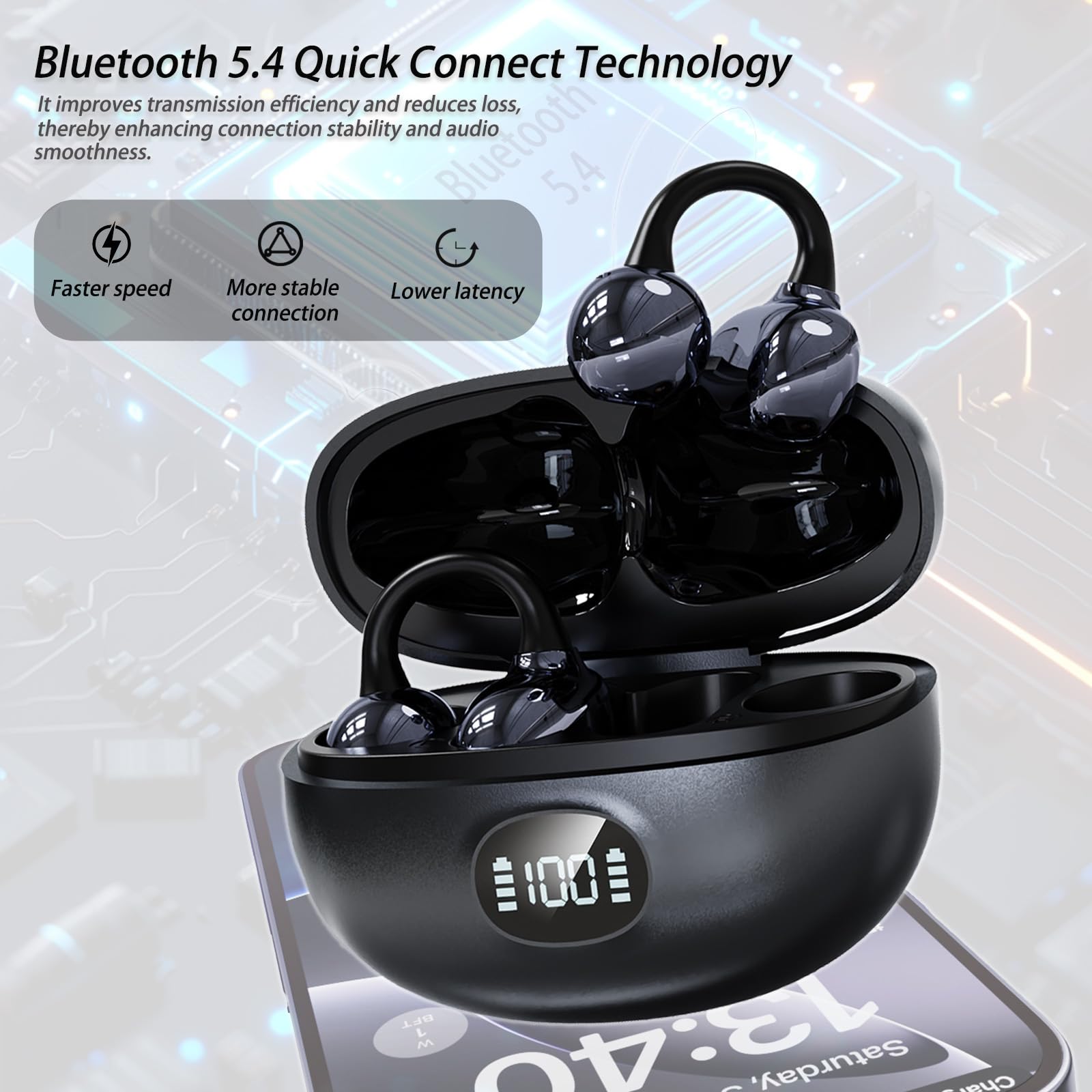 Écouteurs Bluetooth sans Fil, Open-Ear avec Clip, Léger et Stable Seulement 4.5g, Suppression du Bruit, iOS & Android, IP57, Affichage LED, pour Voyage/Deporte/Études/Running Sport - 4