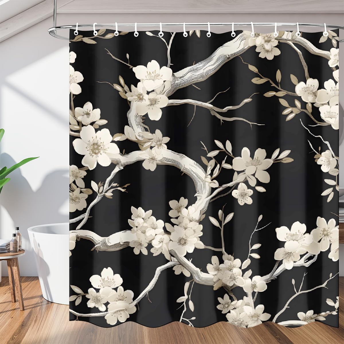 Rideau de douche motif branches noires pour une salle de bain zen et moderne