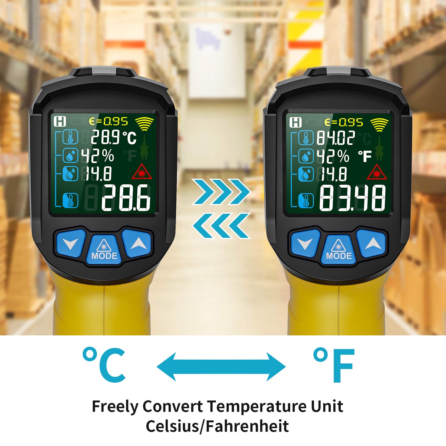 Thermomètre Infrarouge Laser MESTEK et Sonde Pistolet IR Temperature Sans Contact LCD -50°C~800°C Réglable Alarme d'émissivité Point de Rosée Cuisine Barbecue Congélateur Aliments Réfrigérateur