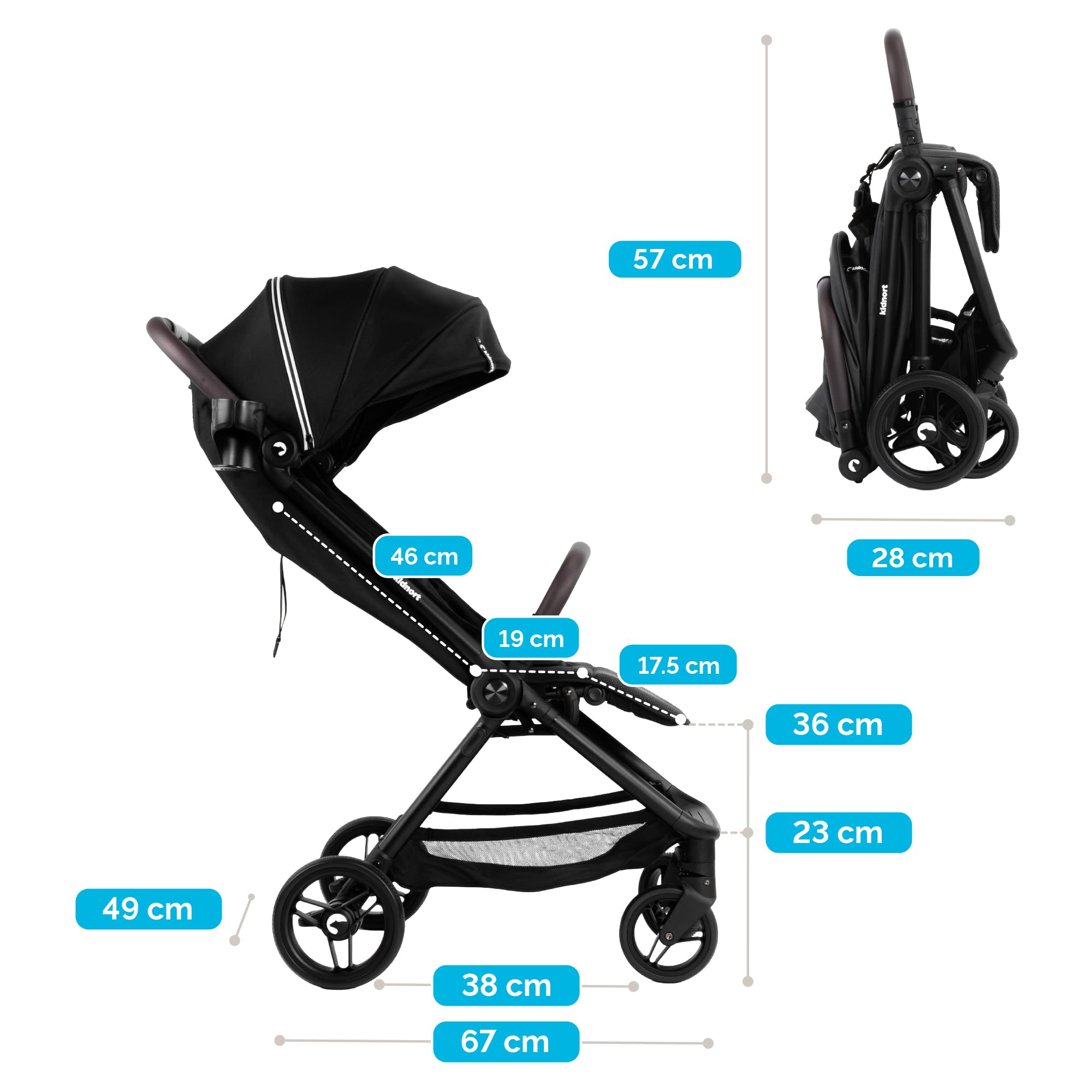 Snøugle Reisebuggy leicht faltbar mit Liegefunktion, Einhand-Faltung, bis 22 kg, 5-Punkt-Gurt, Federung, Verdeck Schwarz