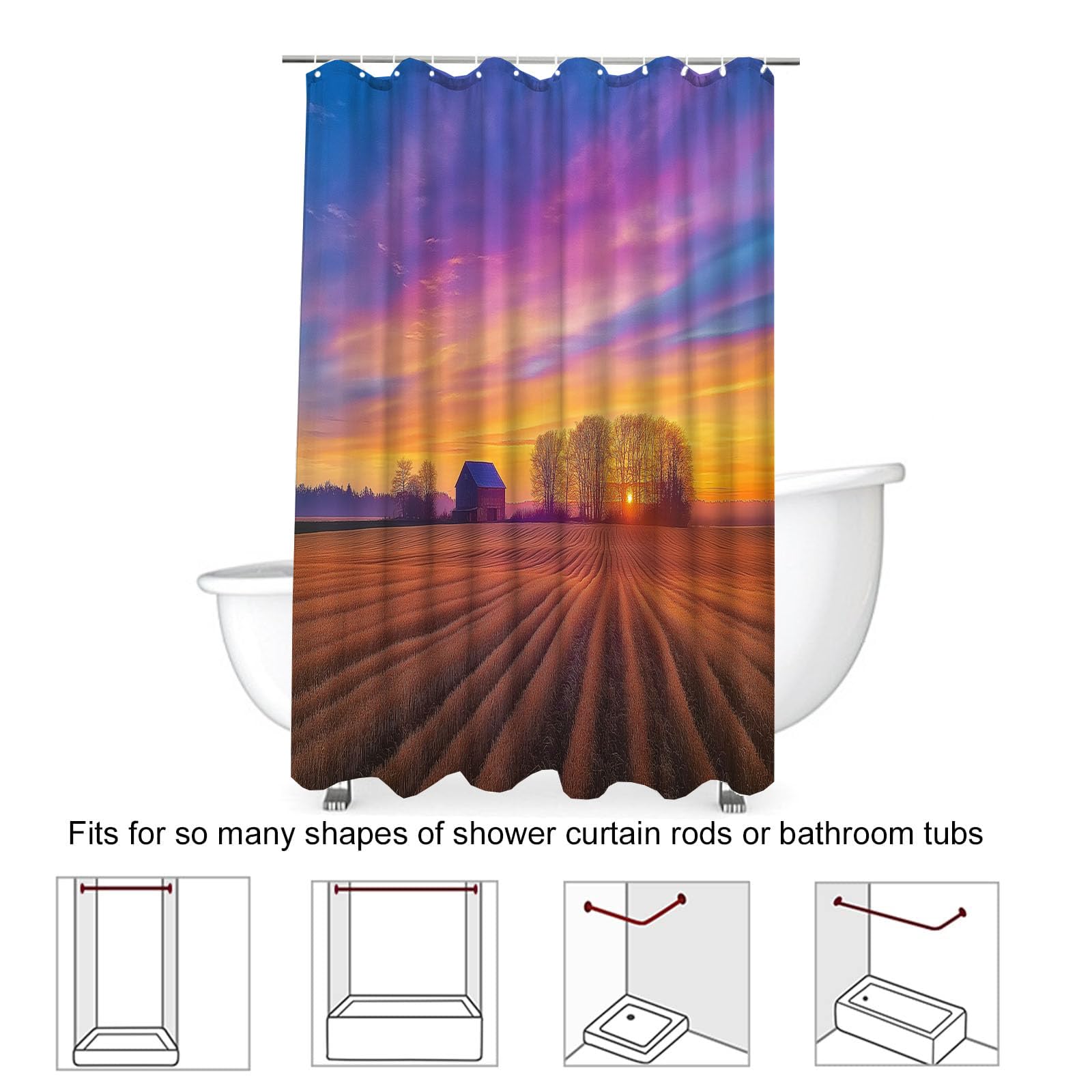 Cortinas de Baño Poliester Lavable, Puesta Sol Naturaleza Cortina de Ducha, Casa Campo Jardín Flores Cortina Ducha 240x200cm, Estampado Cortina Bañera Secado Rápido con 12 x Ganchos