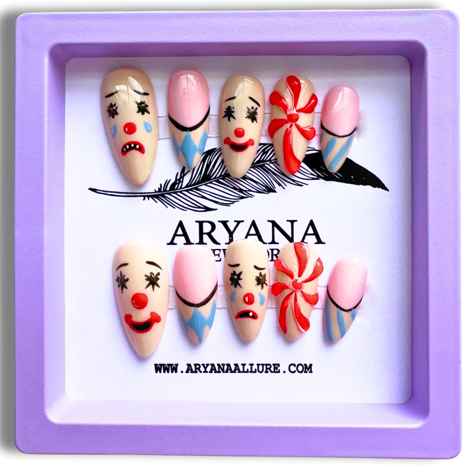 ARYANA NEW YORK Handmade 3D Press-On Nails – Small Almond Shape, French Tip Acrylic Stick-Ons, Cute False Nails for Women – Clown Collection (Small)