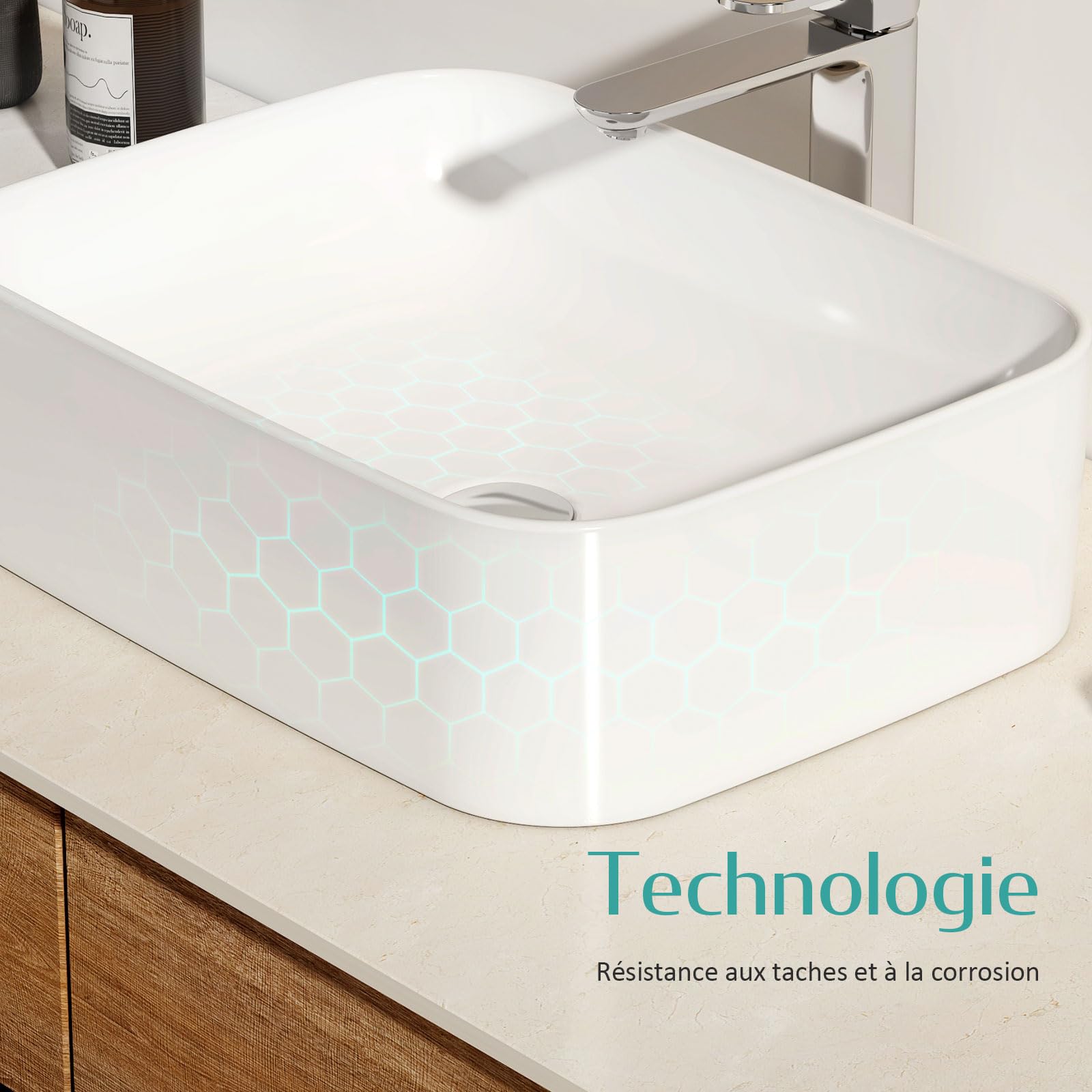 EMKE Lavabo à Poser Rectangulaire 61 × 38 × 15 cm, Vasque pour WC Invités, Bassin à poser en céramique pour lavabo, lavabo de salle de bain,Blanc