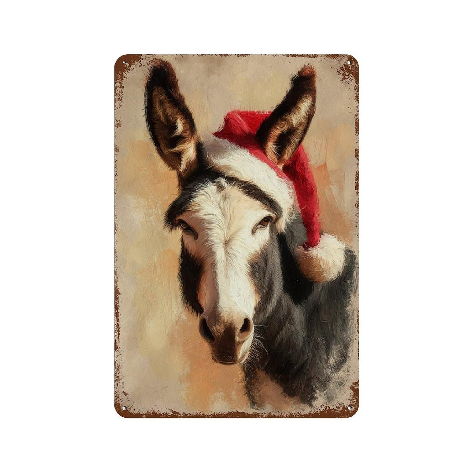 Rust Effect Christmas Donkey with Santa Hat Rustic Tin Plaque 11.8"x7.9", Classic Wall Plaque for Shed, Workshop And Garage Wall Decor