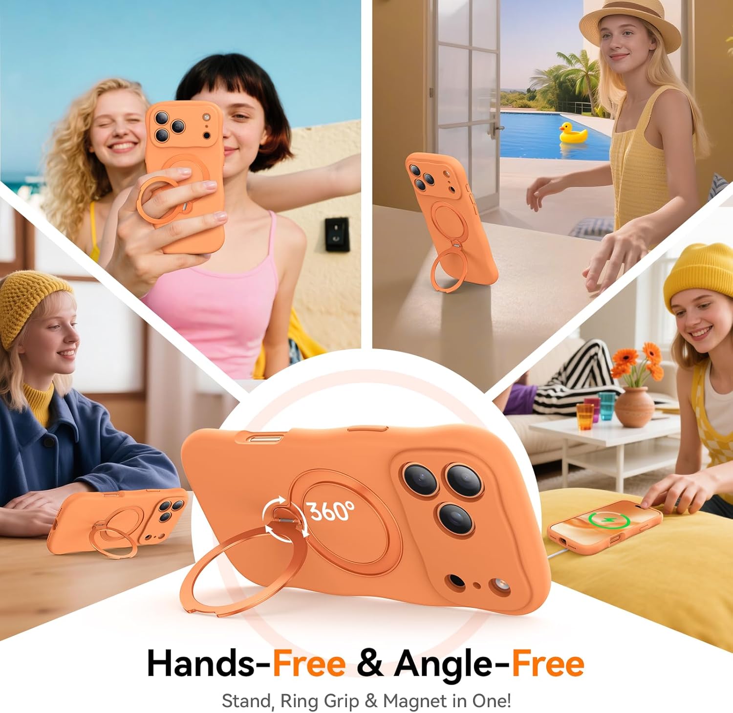 360 Spin Silicone Stand Cover for iPhone 17 Pro Case [Cute Wavy & Full Camera Protection] Fit for MagSafe Shockproof Women Girl Phone Case for iPhone 17 Pro 6.3", Cosmic Orange - Image 2