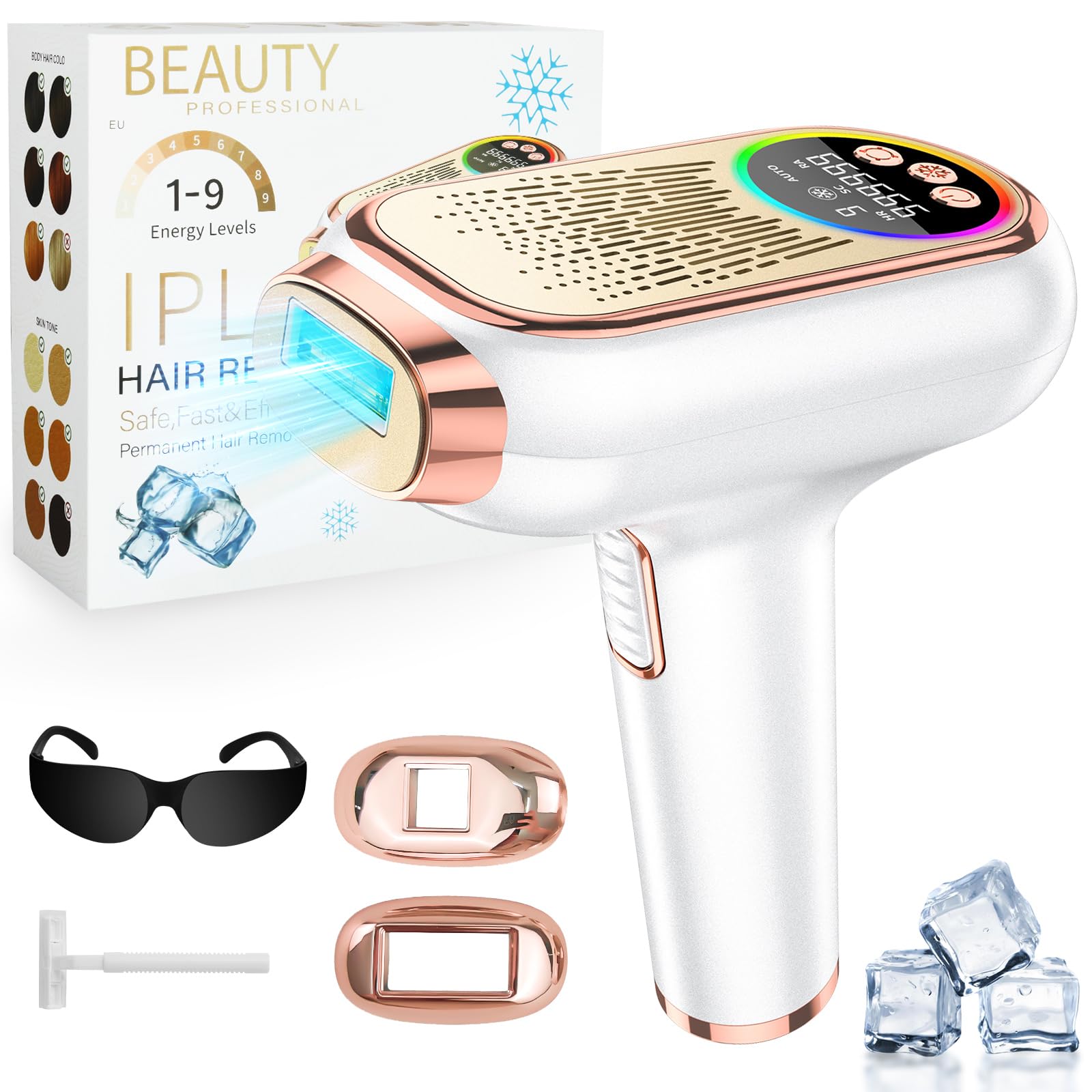 Depiladora Laser IPL, 3 en 1 Laser Depilacion con Mode HR/SC/RA, Energía Depiladora Luz Pulsada con 9 Nivel, Laser Depilacion para Labio Superior, Cara, Axila, Brazo, Línea del Bikini, Pierna