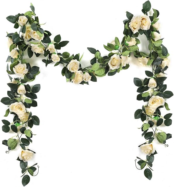 Nanhiking Artificial Vine with Flowers Indoor 2Pack Fake Silk Rose Hanging Garland Flower Hanging Decorations for Outdoor Wedding Party Wall(Beige, 2)
