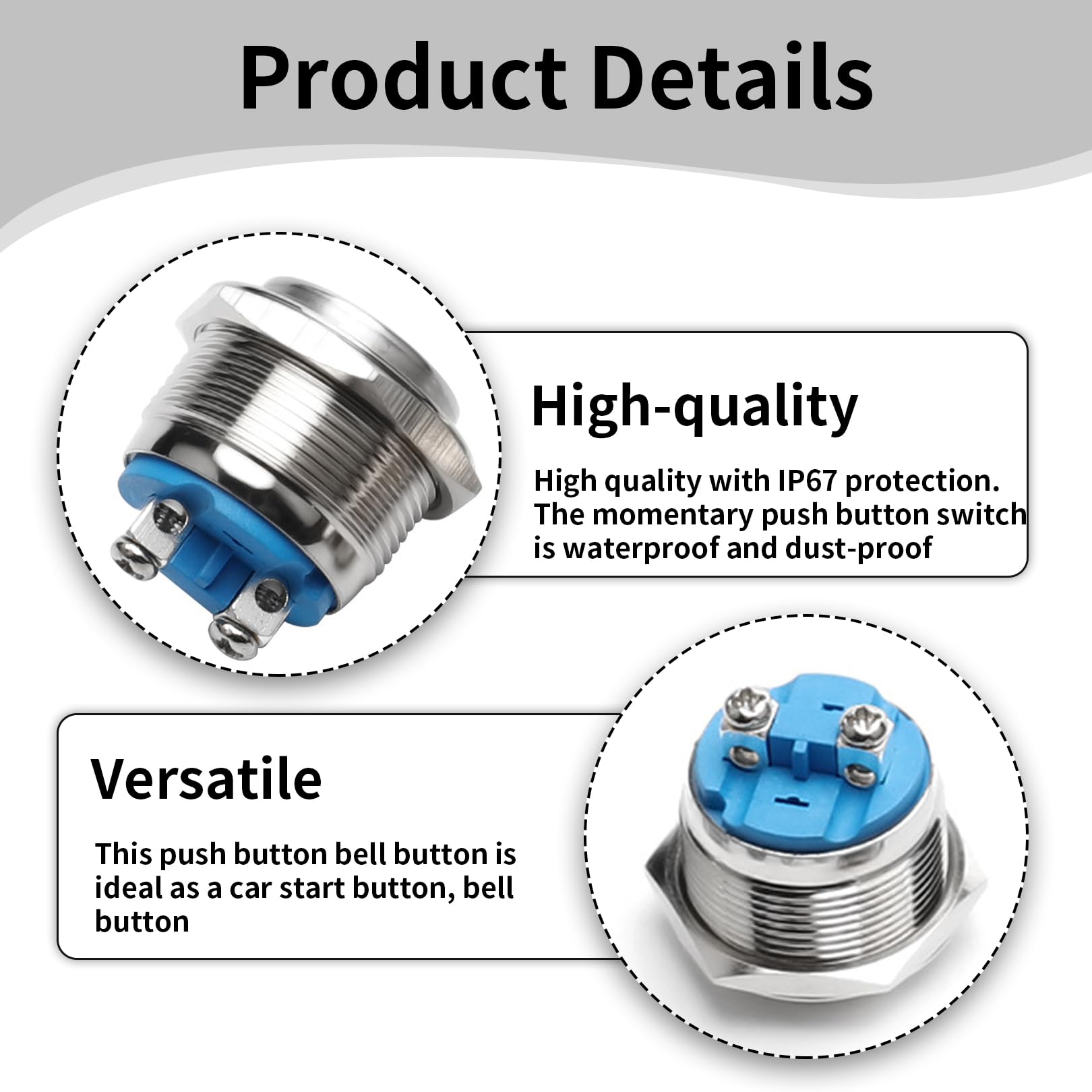 Gebildet 2stuks 22mm 2A/12V/24V/125V/250V Momentan knop Schroefklemmen Roestvrij staal Metaal Waterdichte knop (platte kop