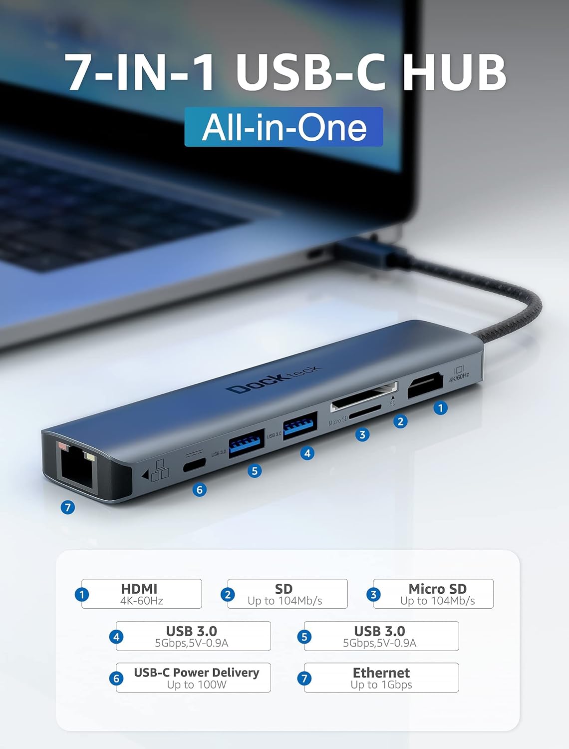 Dockteck 7-in-1 USB C Hub Bundle with CableCreation 5 in 1 USB-C Adapter Hub 4K@60Hz, Aluminum