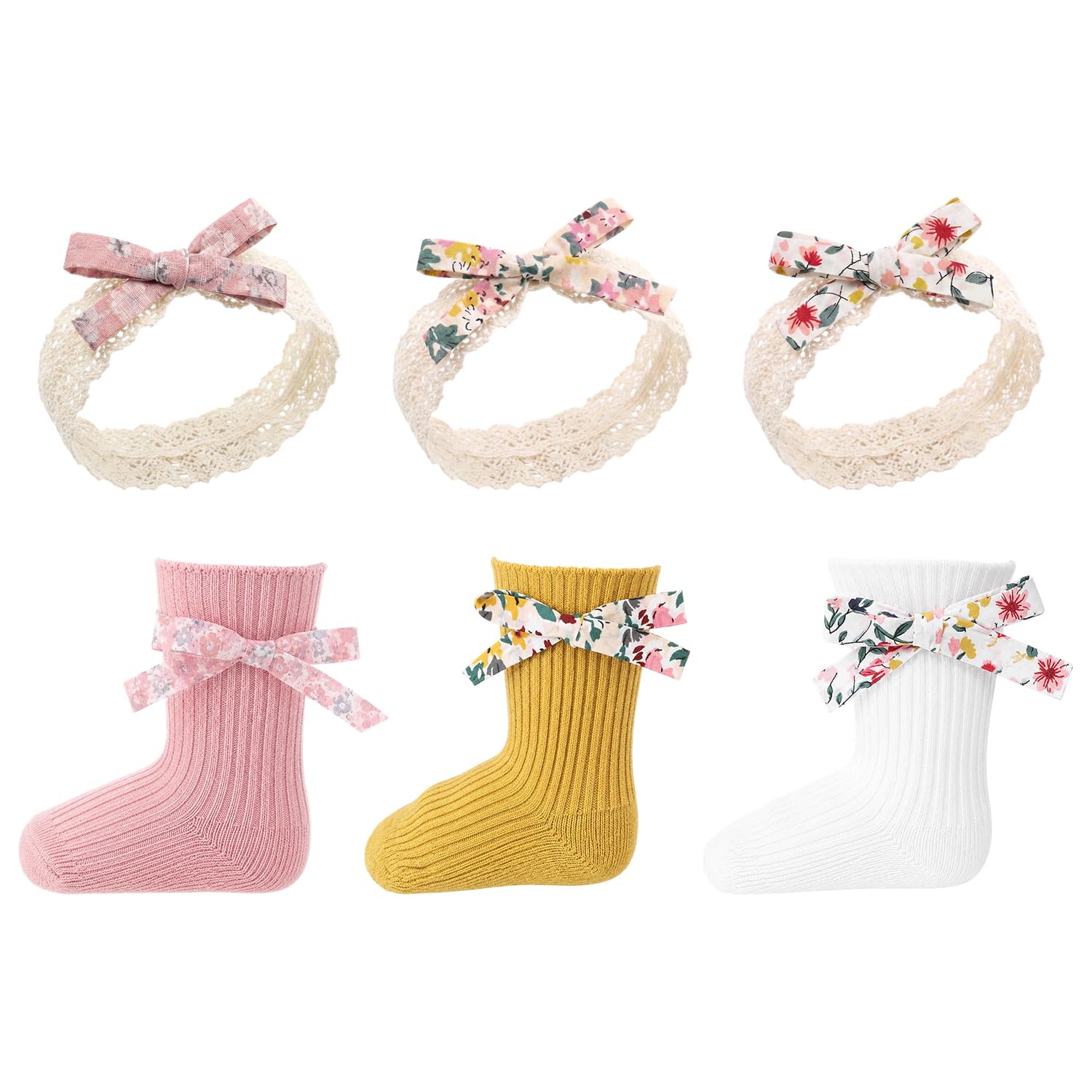 Baby Girls Socks and Hair Bow Headband Set, Floral Printed Hairband for Newborns and Infants 0-12 Months