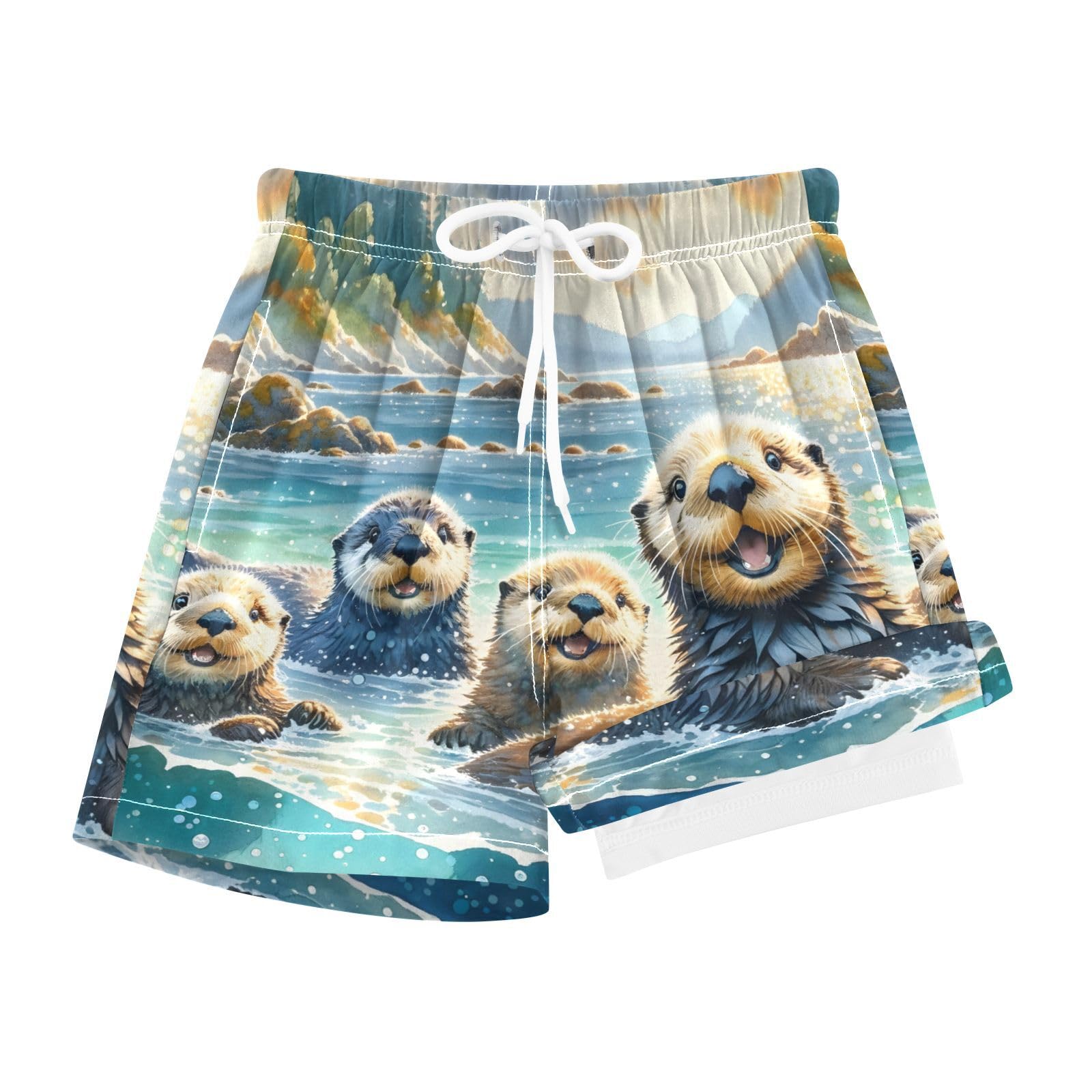 YANENDIE Boy Swim Trunks with Compression Liner Sea Otters Watercolor Boys Swim Shorts Quick Dry Beach Shorts