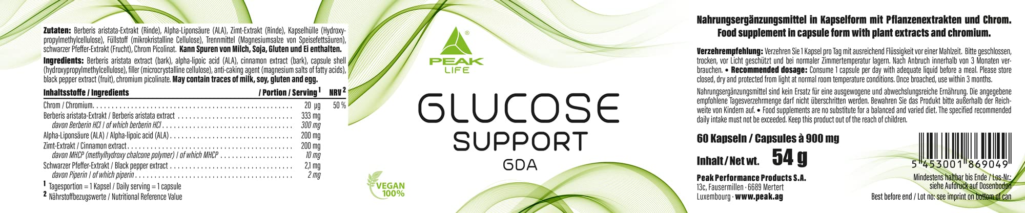 PEAK Glucose Support (GDA) - 60 Kapseln I Glucose Disposal Agent I Berberin I Blutzuckerspiegel I Kohlenhydrate I vegan