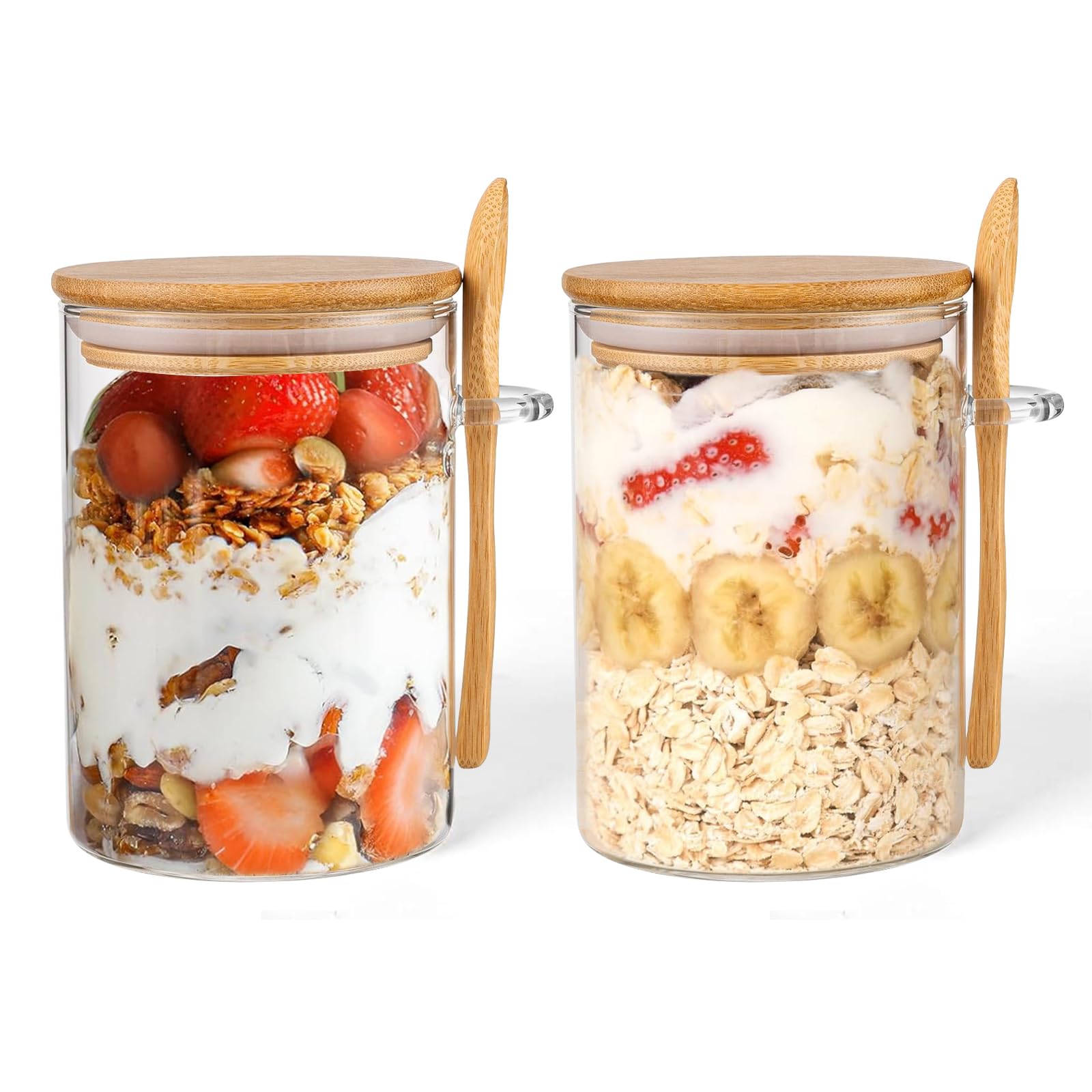 Zhouzglass Clear 16Oz Overnight Oats Containers With Lids, Overnight Oats Jars With Spoons And Stickers, Leak-Proof Salad Meal Prep Jar For Cereal, Yogurt, Chia Pudding (2 Pcs)