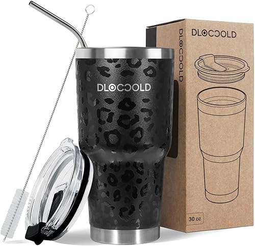 DLOCCOLD Vaso de café aislado al vacío de acero inoxidable con tapa y pajilla, popote de metal, cepillo de limpieza y caja de regalo (leopardo negro)