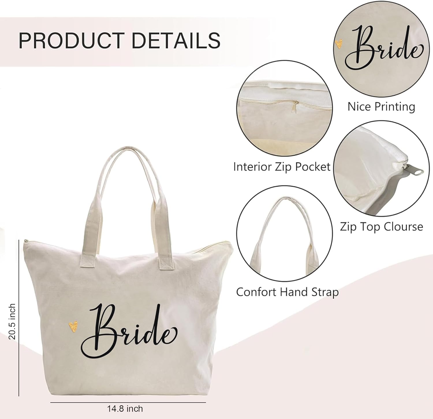 CARAKNOTS Bride Gifts Bride Bag for Wedding Bachelorette Engagement Party Accessories Bridal Shower Gifts Cotton Beach Canvas Tote Shoulder Bag with Zipper and Pocket - Image 5