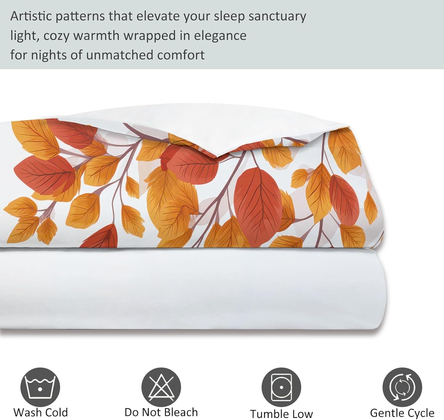 Duvet Cover for Kids Cartoon Minimalist Maple Leaves Branches Quilt Cover Sets Reversible Soft Bedspread Cover, Orange White Bedding Set 3Pcs Zipper Closure Boys Girls Teens (Twin Size 68"x90")