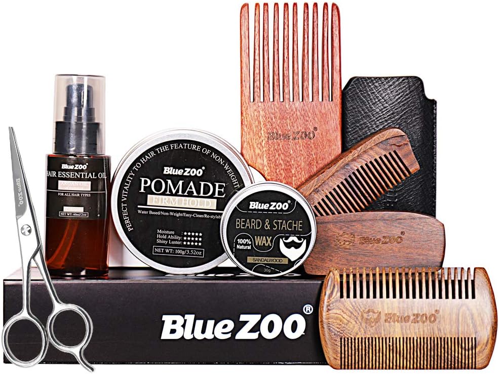 Beard Grooming Set Beard Care Beard Growth Kit with Beard Wax, Hair Ole,Pomade,Shaping Tool include three Comb, Beard Scissors, Haircare Kit,Gift for Men 100% Natural & Organic BlueZOO