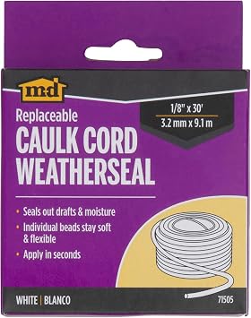 M-D Building Products Replaceable Caulk Cord Weatherseal: Quick and Effective Solution for Sealing Small Gaps, Cracks, and Protecting Against Drafts and Moisture (71505) (White) (30 ft)