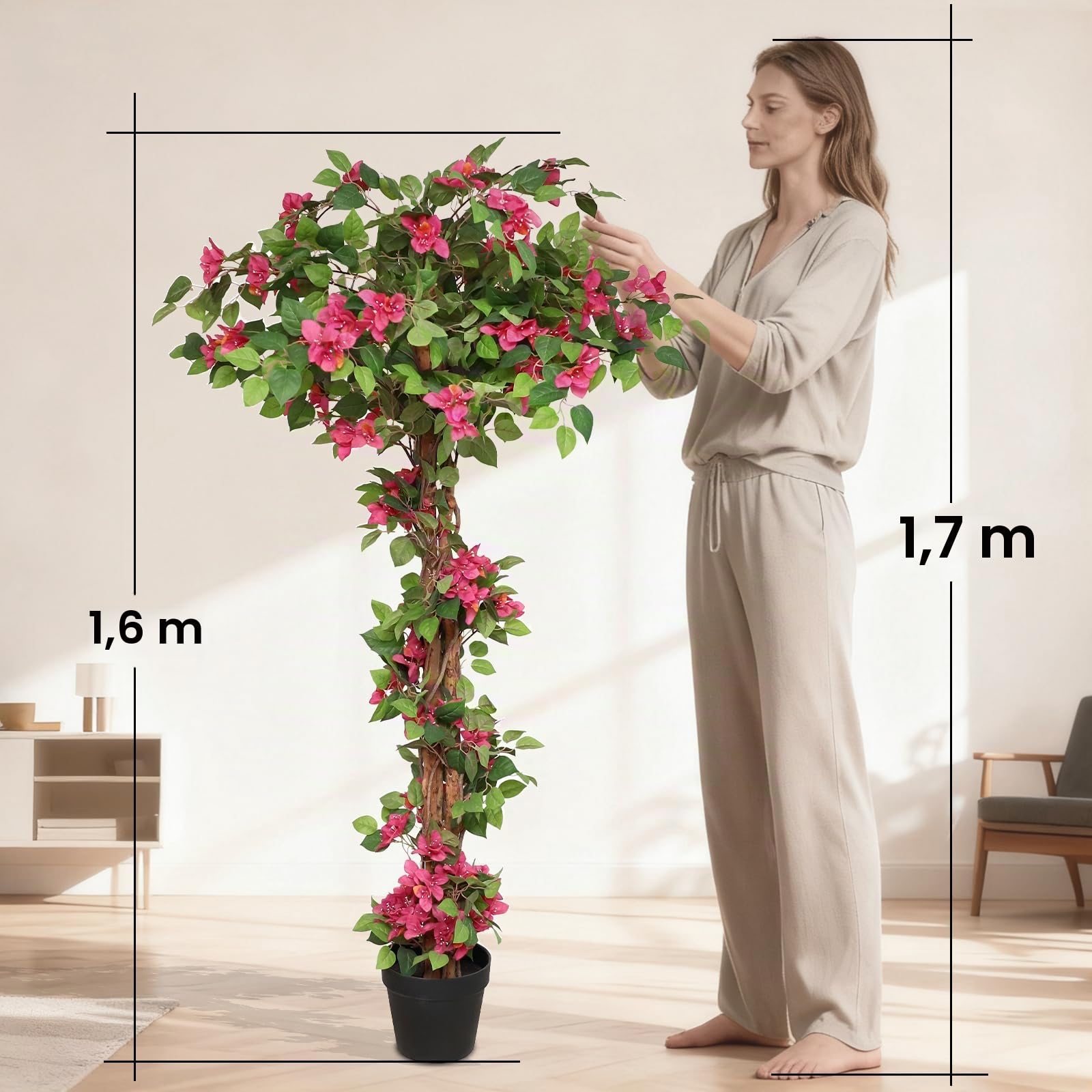 momoplant Bougainvillier artificiel dans un pot de ciment - 160 cm - Grand arbre en fleurs roses avec fleurs pour porche, maison, bureau, extérieur, jardin décoratif (1 pièce)