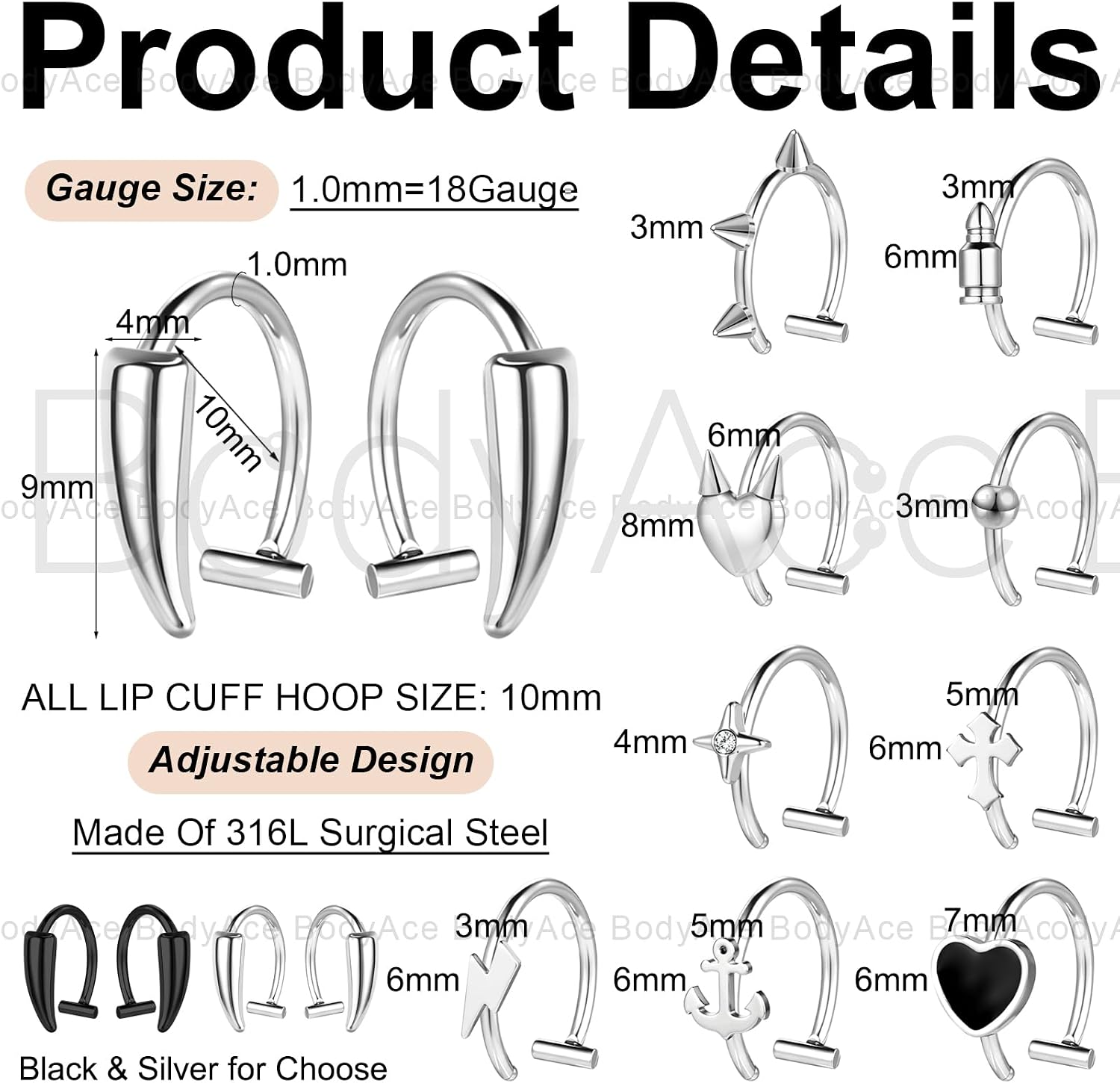 Vampire Teeth Fake Lip Ring Non-Piercing Lip Cuff Stainless Steel Faux Septum Nose Ring Adjustable Vampire Fangs Ear Cuffs Earrings Fake Piercing Kit for Women Men