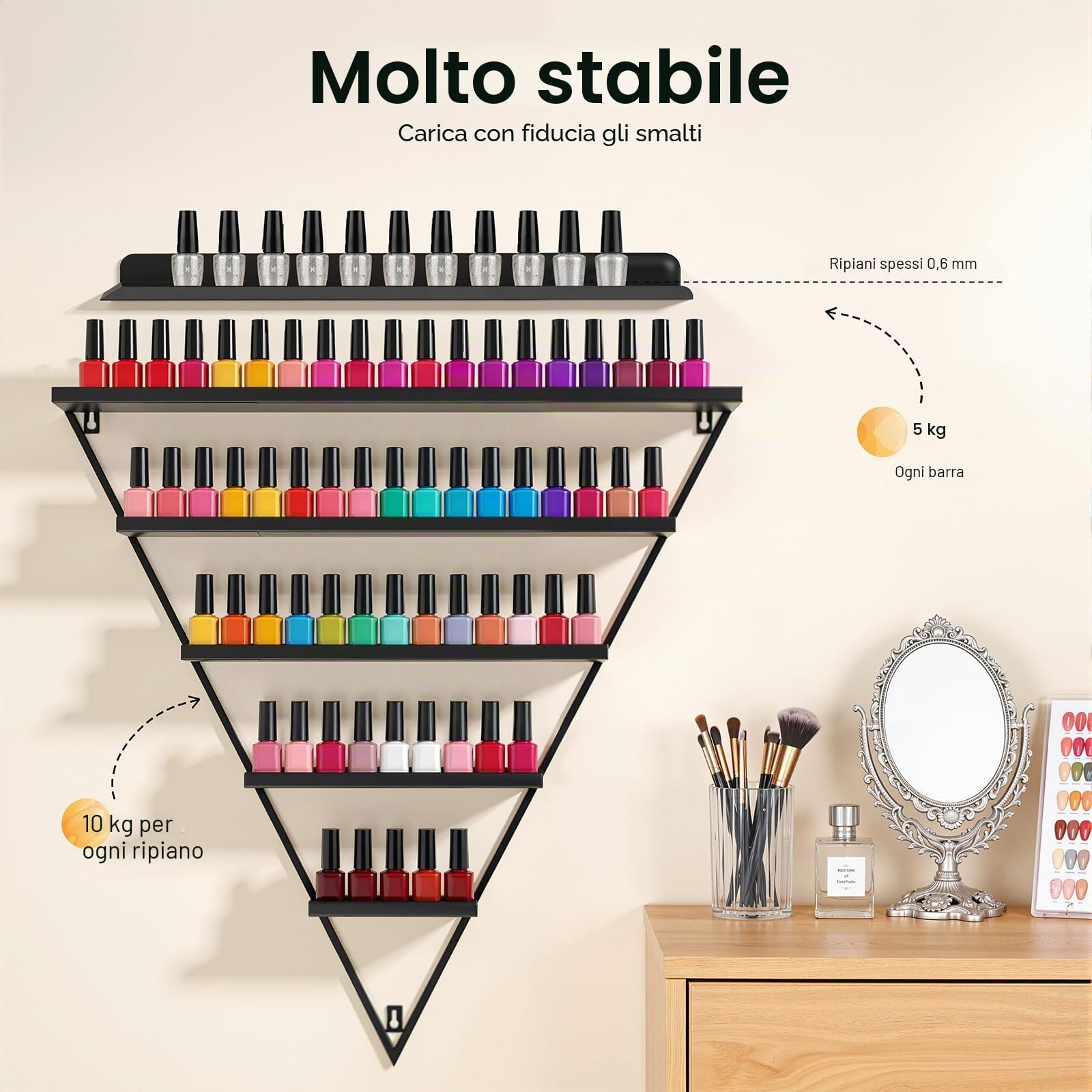 Set di 3 scaffali per smalti da parete in metallo, organizer per smalti dorati, a forma di diamante (nero)
