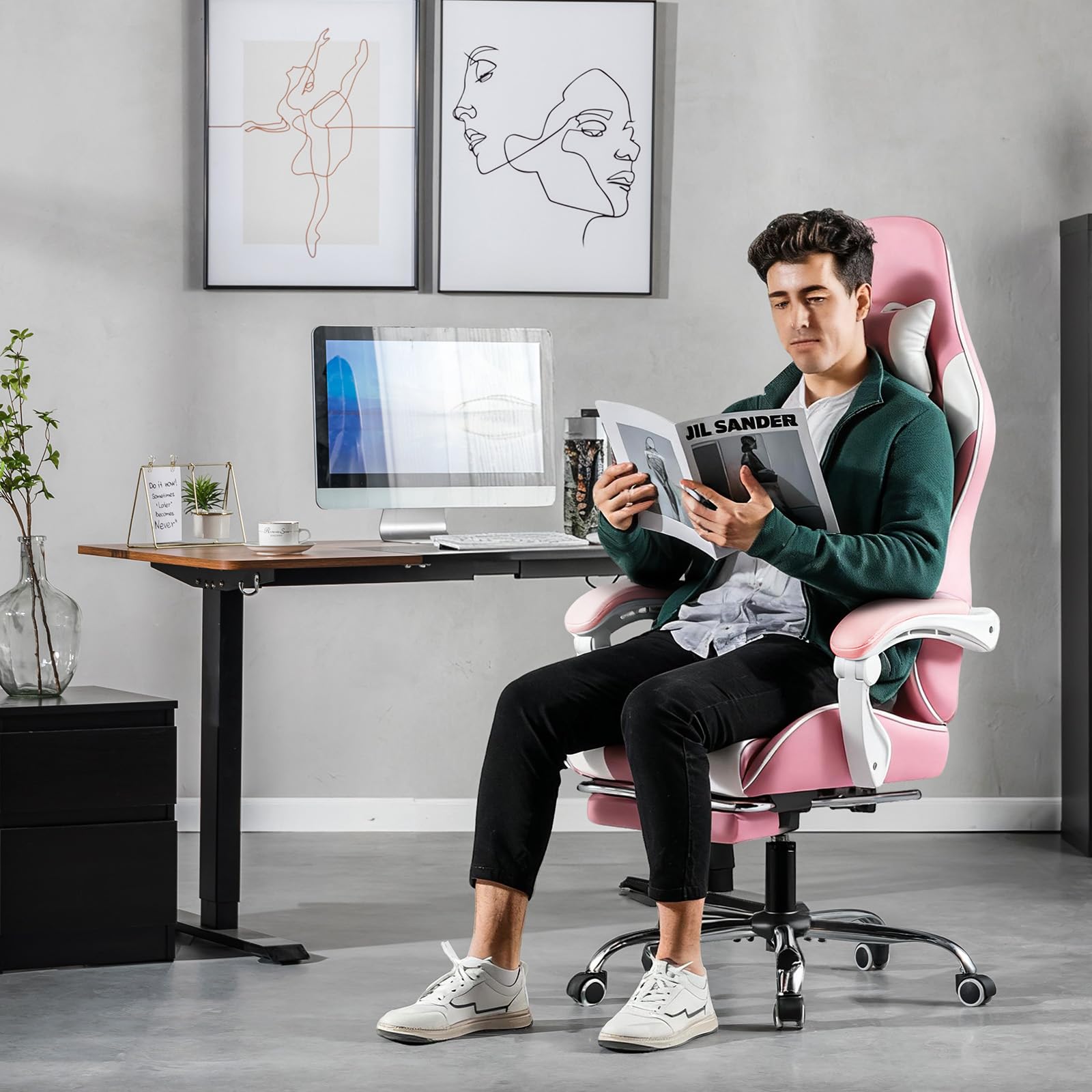 GTPLAYER Gaming Stuhl, Bürostuhl, Ergonomischer Pc Stuhl, Gaming Sessel mit Massagelendenwirbelstütze, Task Stühle mit Fußstütze und Kopfstütze, Rosa Kunstleder