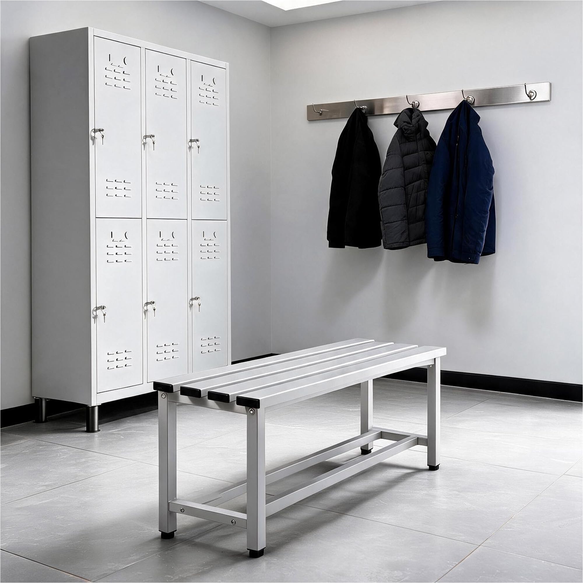 Taquilla Metálica 6 Puertas con Banco de Vestuario – Armario con Llave y Banco Metálico Blanco para Gimnasios, Colegios, Centros Deportivos y Empresas (Gris)