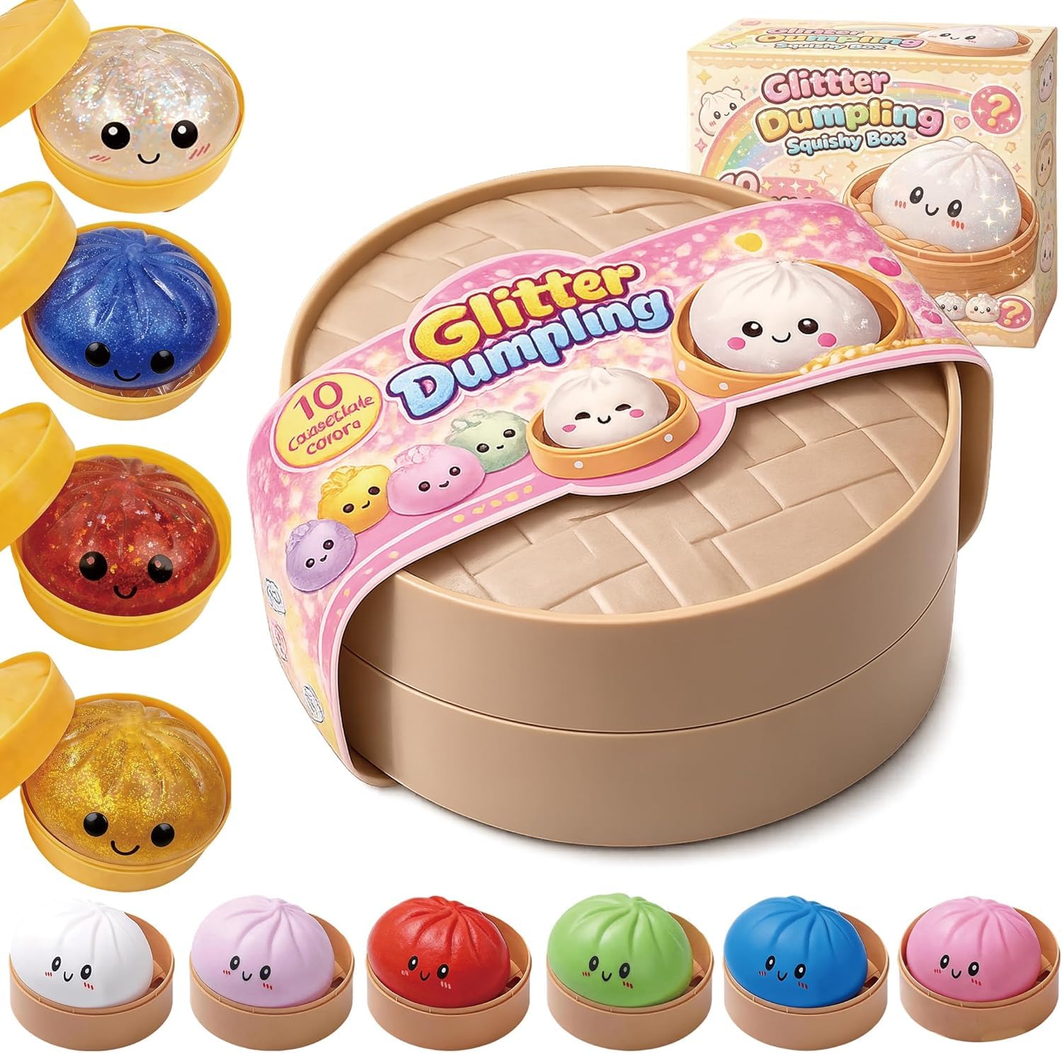Glitter Dumpling Squishy Mystery Box – Soft TPR Squishy Dumpling Toy, Cute Dumpling Squishy Glitter Stress Relief Fidget for Kids & Adults, Surprise Dumplings Squishy Collectible (Random color-1PCS)