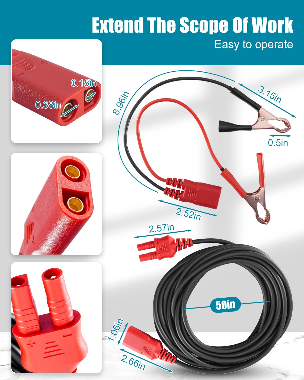 Câble d'extension de 6 m et clip de batterie compatible avec sonde d'alimentation 3Ez/3/3S, lot de pinces crocodiles de rechange PPTK0027 PPTK0025