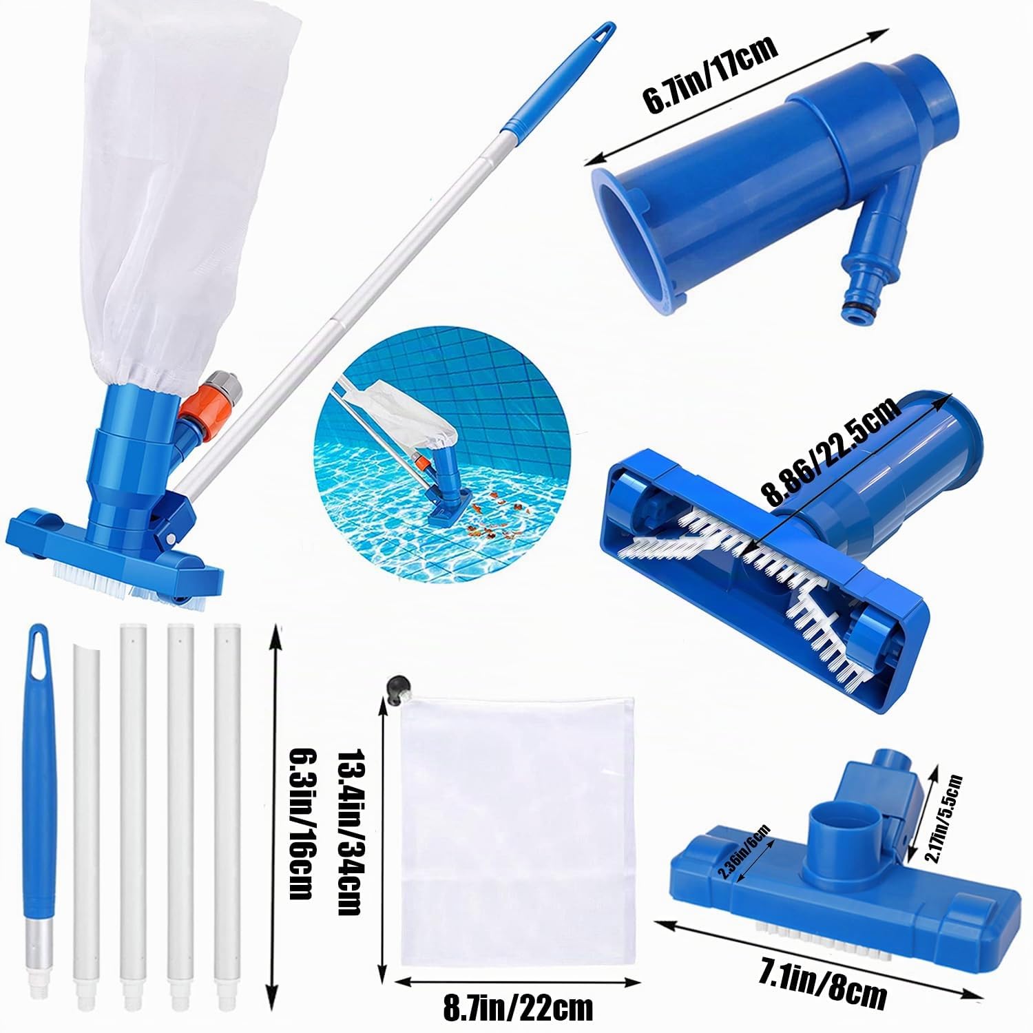 Pool Bodensauger Set,Vakuumsauger Pool reinigungsset mit 5 Abschnitten-Stangen,Poolsauger mit Teleskopstange & Bürstestaubsauger,Poolreiniger Zubehör Vakuum Kopf,Spa,Teich,Whirlpool