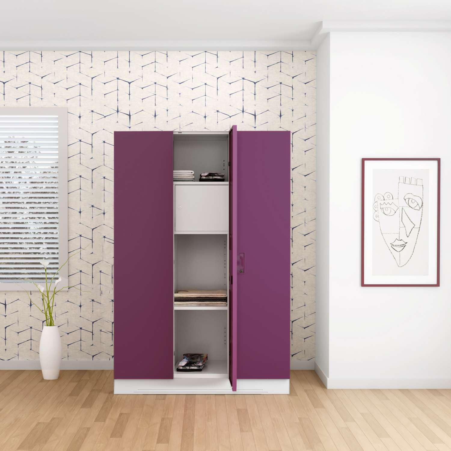 Almirah Slimline 3-Door Steel Almirah, Cupboard for Clothes (Textured Purple), 1-Year Warranty, 7 Shelves, 1 Locker