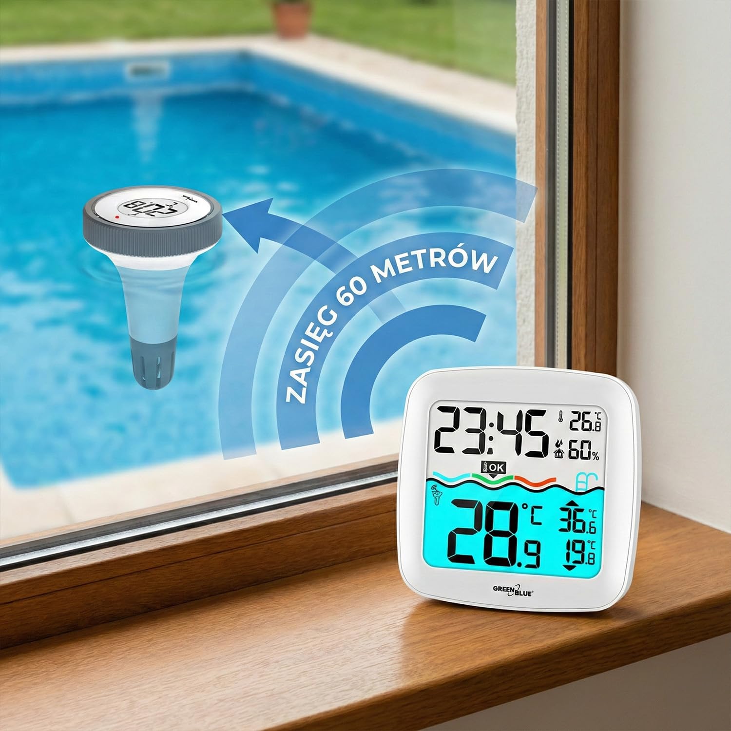 GreenBlue GB216 Stacja Pogodowa z Termomometrem Basenowym Zasięg 60m Czujnik Pływający Temperatura Godzina Kalendarz DCF