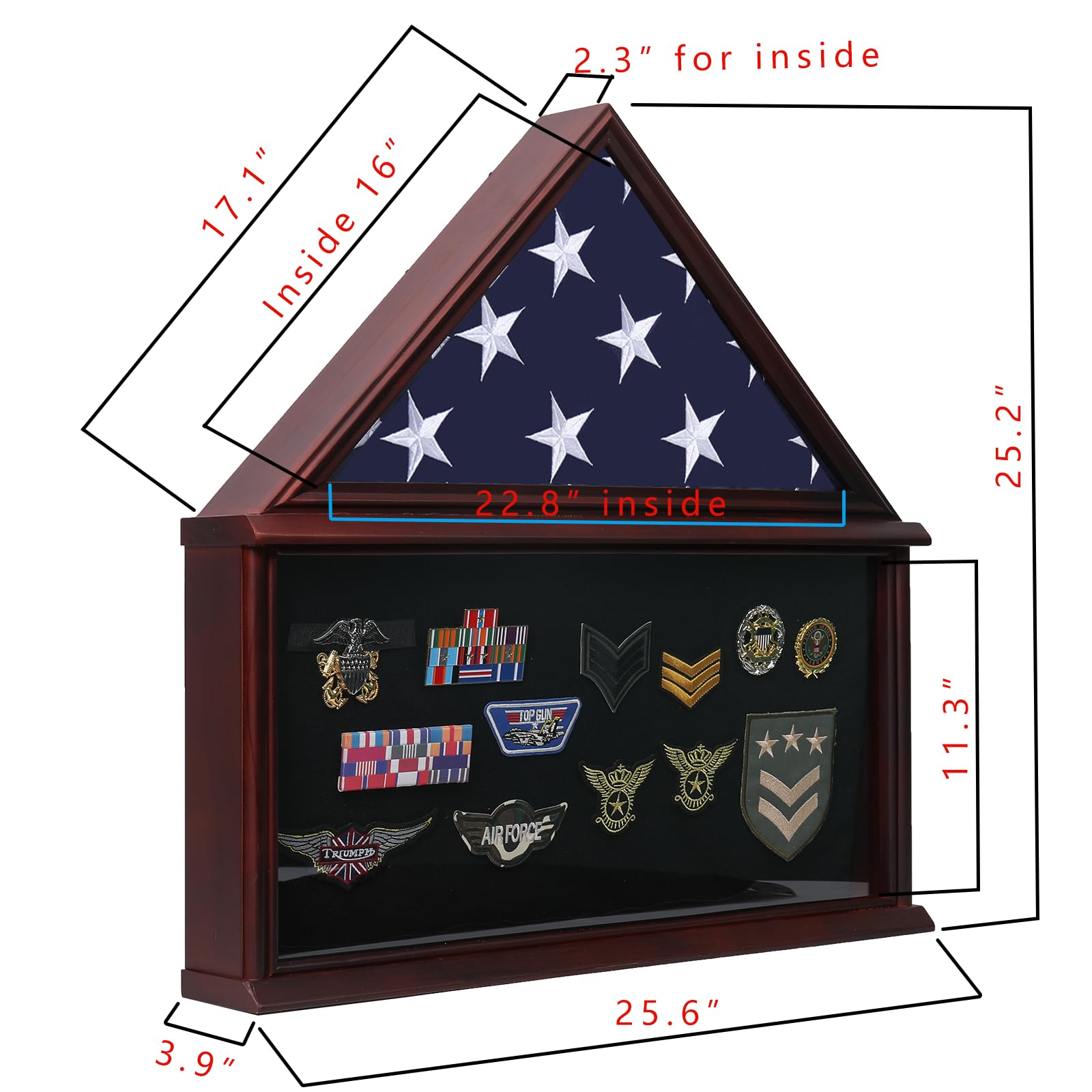 PapeFolicer Military Flag Display Case With Drawer - Solid Wood, Holds 5'x9.5' Burial Flag, Medal Panels, Brown Finish - View #8