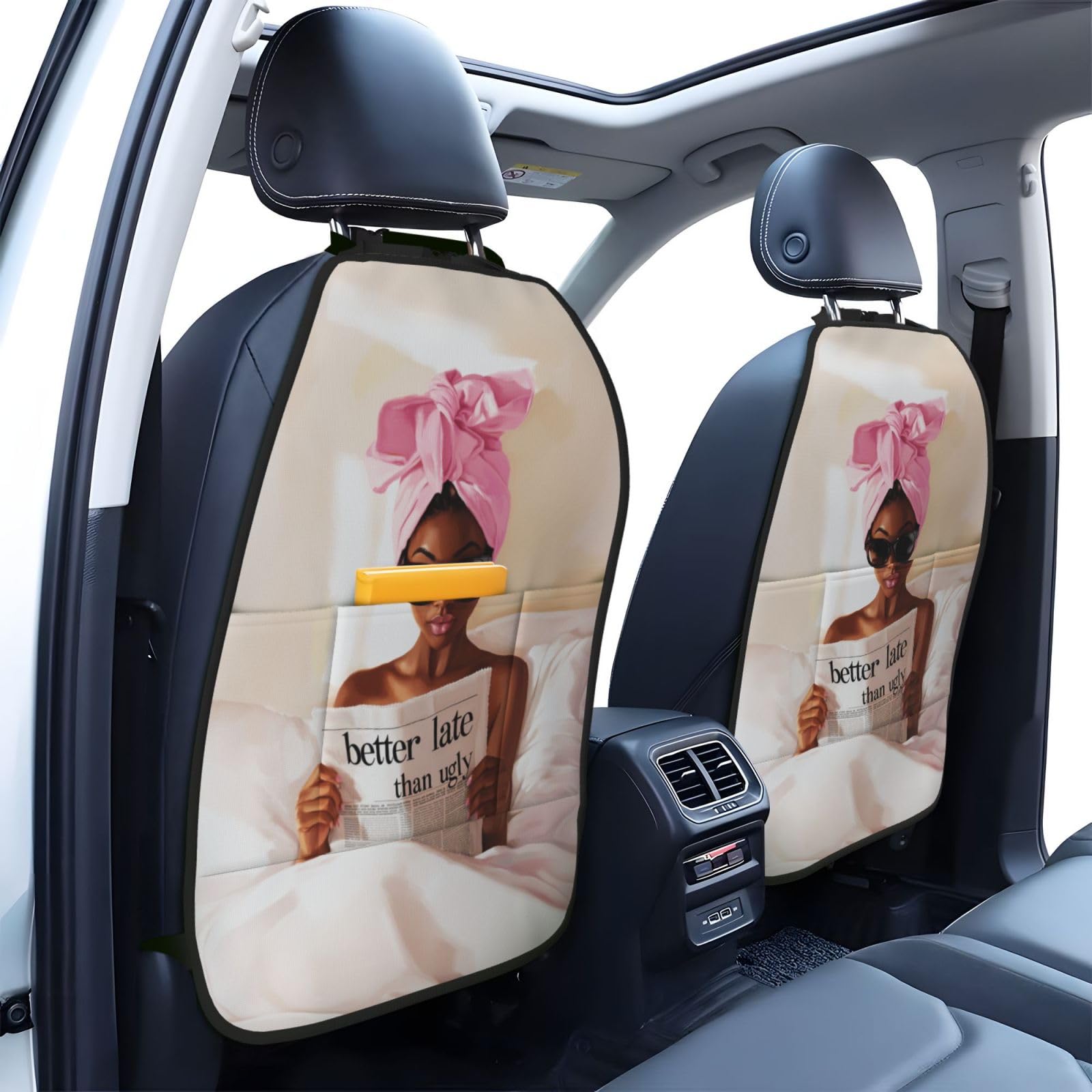 Woman Reading Newspaper On Bed Car Seat Back Kick Protectors,2 Pack Kick Mats With Storage Pockets For Vehicles To Protect From Dirt Mud Scratches