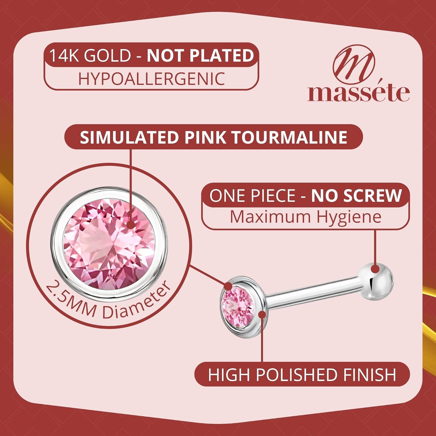 Massete 18k 14k Gold Nose Ring - 20g Nose Stud, Hypoallergenic Threadless Piercings for Women Men, Yellow White Rose Real Gold Standard or Long Nose Rings Studs, CZ or Ball Nose Piercing Jewelry