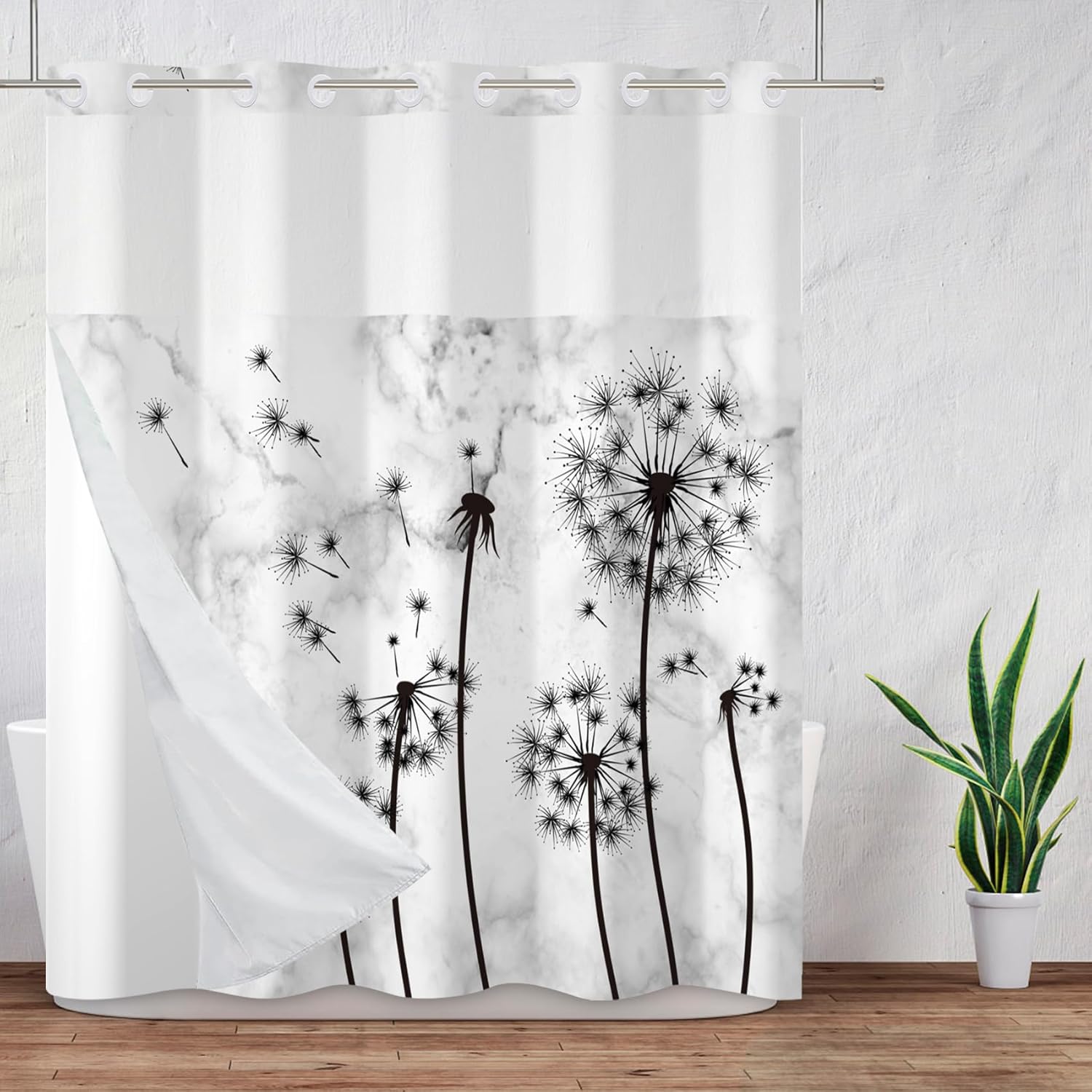 Baocicco No Hook Black and White Dandelion Shower Curtain with Snap in Liner Flower Vintage Floral Double Layers Machine Washable for Easy Clean Hotel Shower Curtain and Liner Set 71x83 Inch