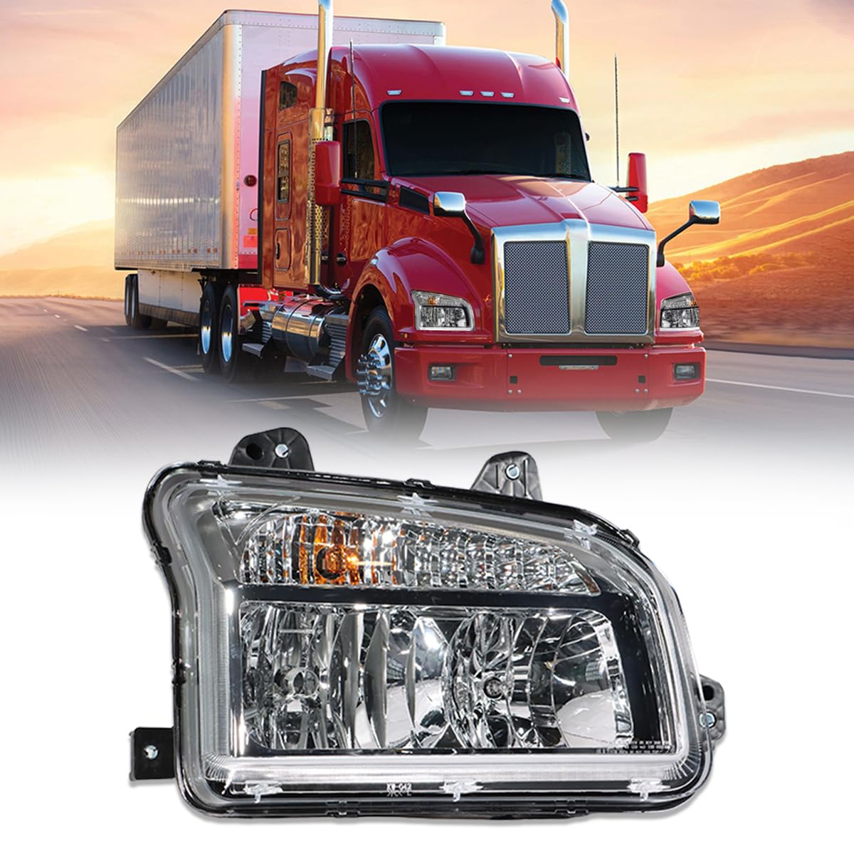 Chrome Headlights Fits Kenworth T880 2014-2023 Headlights Assembly Lamps for Kenworth T880 Replacement Passenger Right Side T880 Semi Truck Accessories (RH)