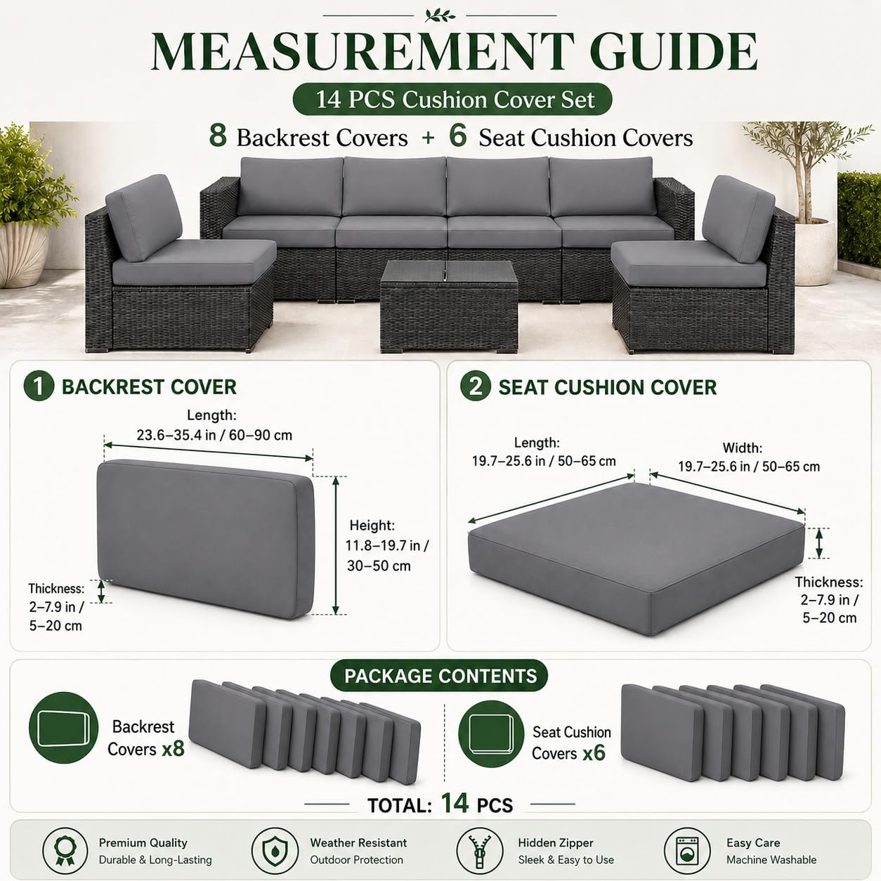 Hiseng 14er Set Outdoor Sofa Sitzkissenbezug und Rückenlehnenbezug Einfarbig Terrassen Gartenpolster Ersatzbezug Stretch Outdoor Kissen Bezüge für Ecksofa Gartenmöbel aus Rattan (Dunkelgrau)
