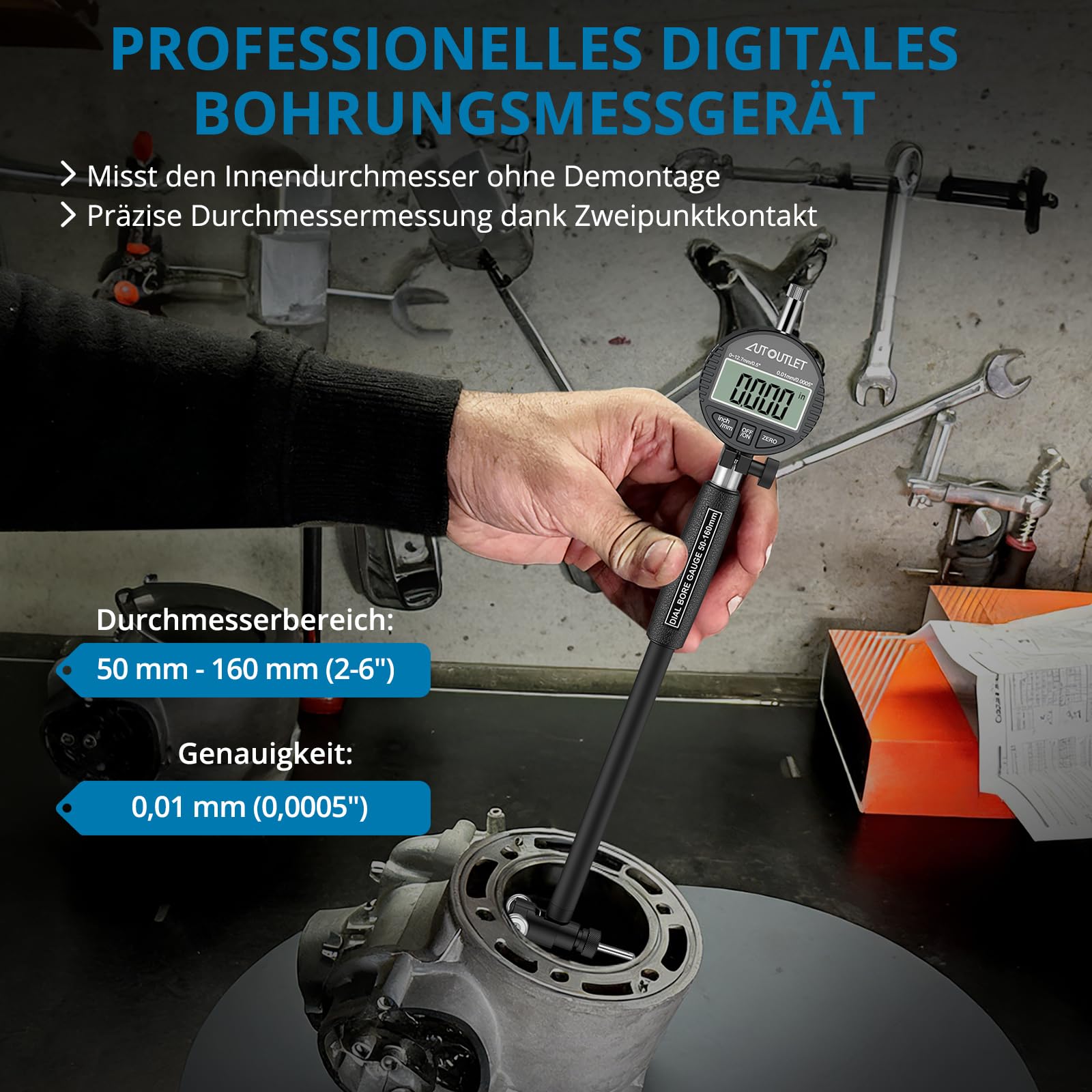 AUTOUTLET Bohrungslehre Messuhr Set 50-160mm, Digitales Bohrungsmessgerät Innenmessgerät Hohe Präzision 0,01mm Innendurchmesser Messuhren mit 12 Sonden & Box, Dial Bore Gauge Industriemesswerkzeug