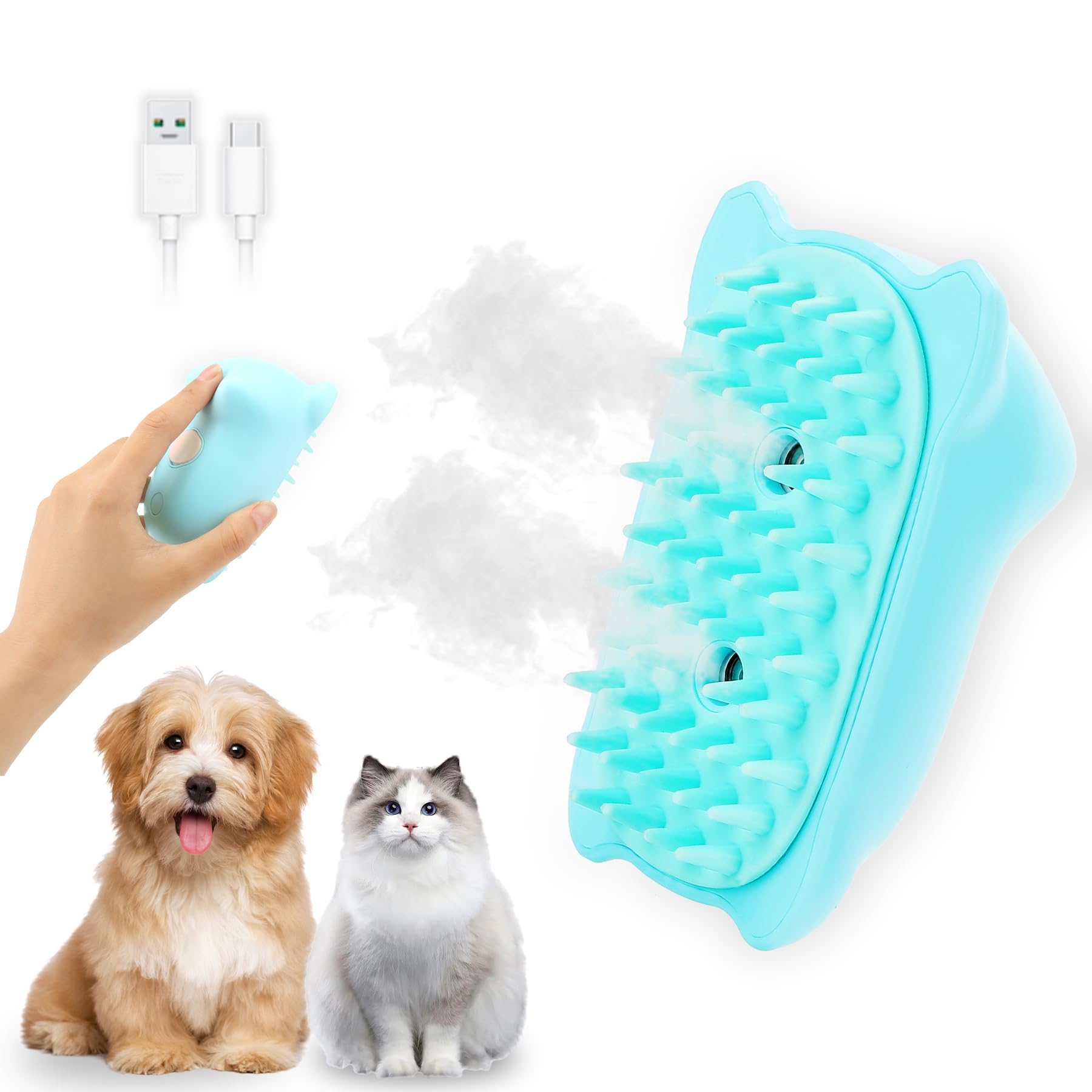 Spazzola a vapore per gatti, spazzola 3 in 1 per gatti a vapore per spargimento di capelli, spazzola per toelettatura con vapore, spazzola ricaricabile in silicone per animali domestici, per cani e