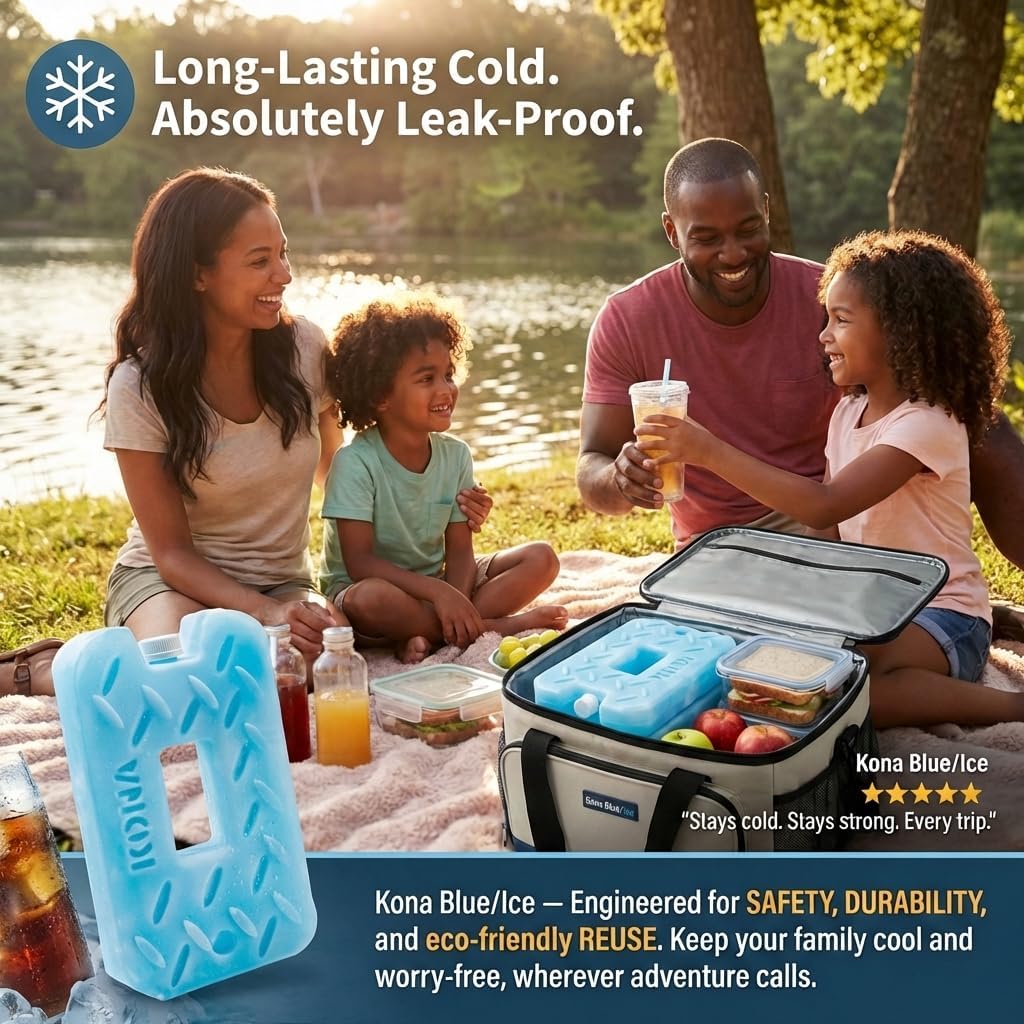 Kona Blue Ice 2 Pound Ice Packs for Coolers - Long Lasting Design - Refreezable Reusable Cooler Ice Pack (2)