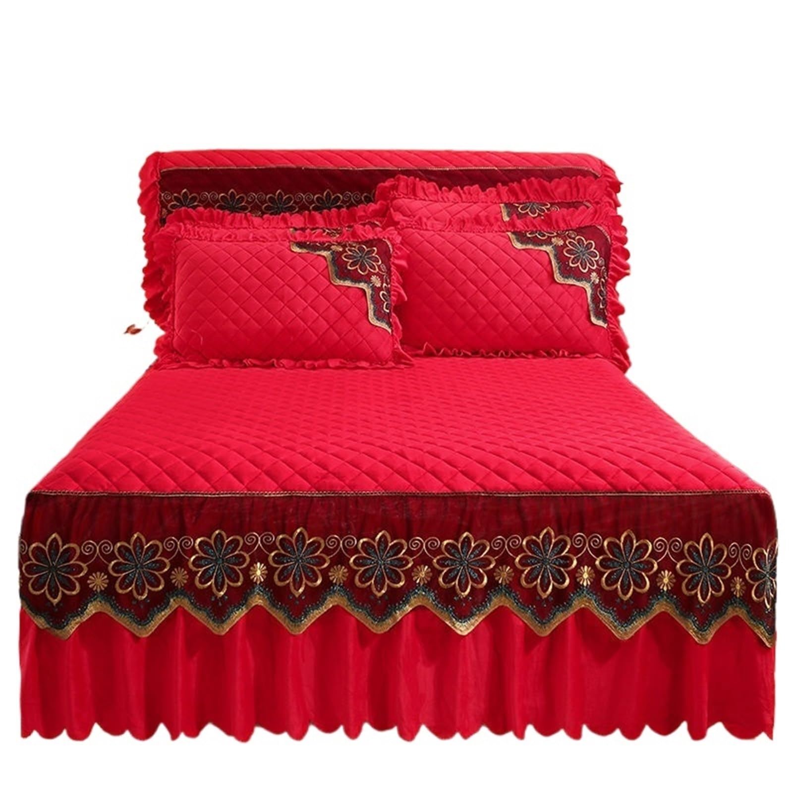 Quilted Bed Skirt Winter Warm Thicken Velvet Bedspread King Good Hand Feeling Not Included Pillowcase(Red,1pc Skirt 180x200cm)
