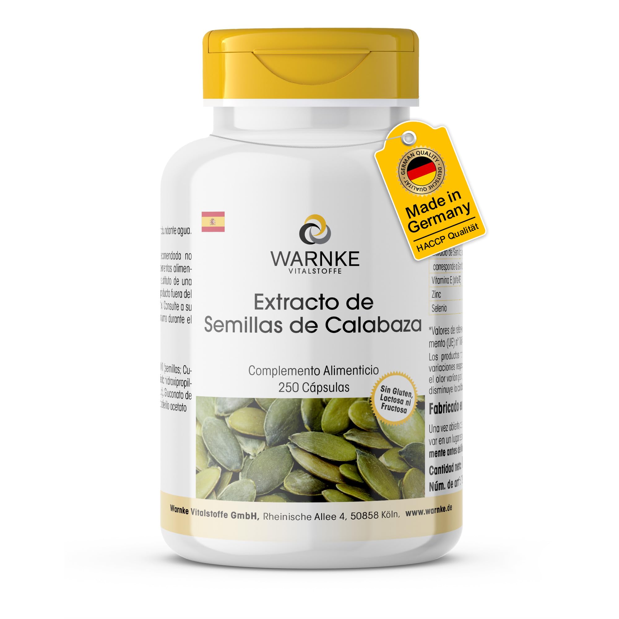 Extracto de semillas de calabaza 500 mg - 250 cápsulas - con vitamina E, zinc y selenio - alta dosis - envase grande | Warnke Vitalstoffe - Calidad de farmacia alemana