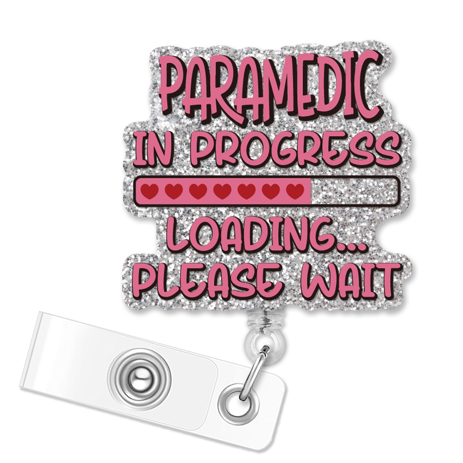 ERHACHAIJIA Paramedic in Progress Loading Retractable Silver Glitter Badge Reel with Clip, Funny ID Card Holder Gift for Nurses Doctors Student Graduate First Responder (LYH129)
