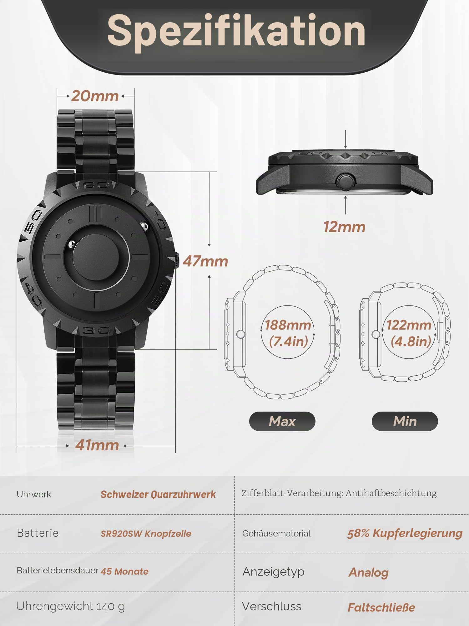 EUTOUR Uhren Herren Magnet Armbanduhr Stahlkugeln Schweiz Quarz 5ATM 40mm