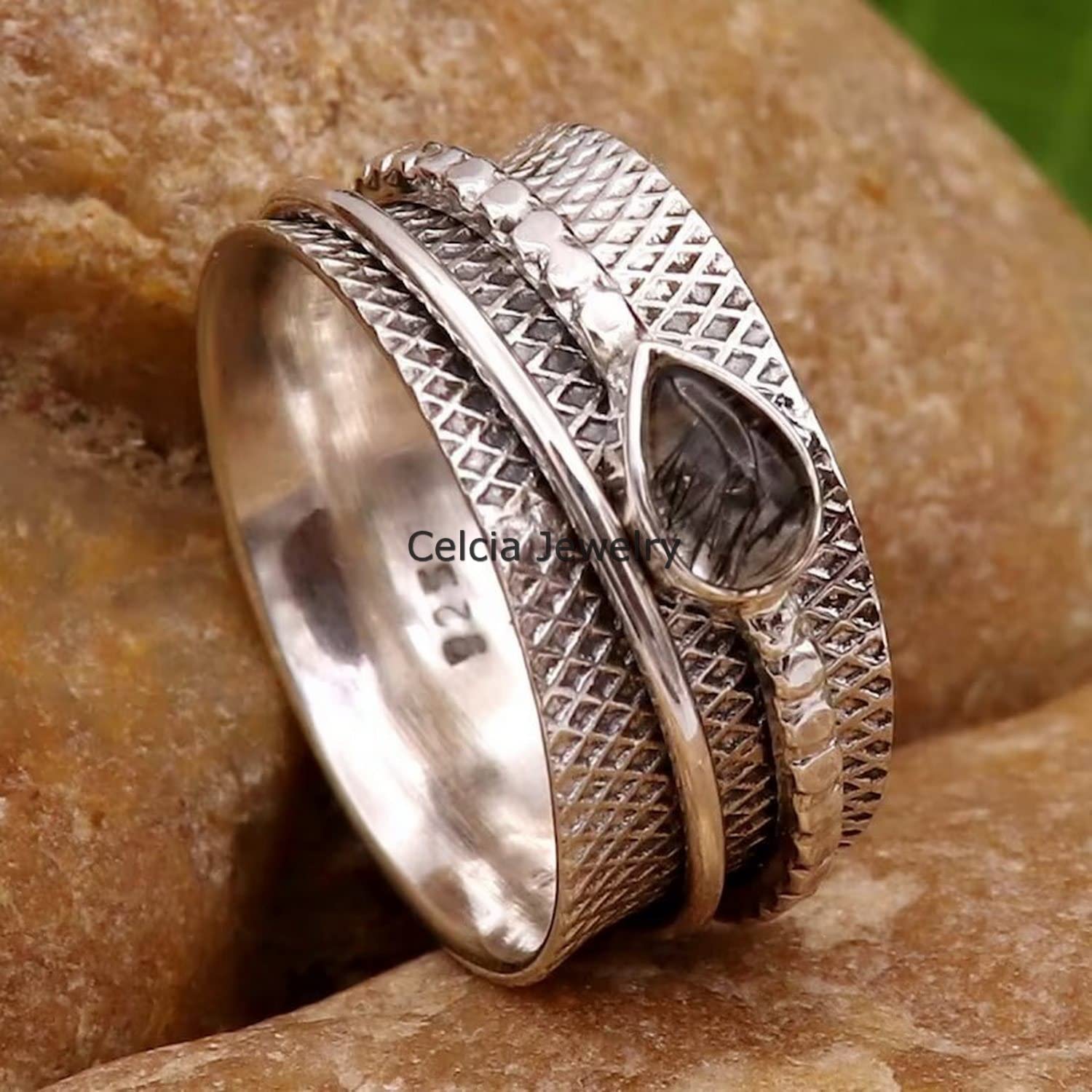 Anillo giratorio de cuarzo rutilado negro en plata, anillo de meditación para hombres y mujeres, anillo de regalo para el Día de la Madre (talla 7 de EE. UU.)
