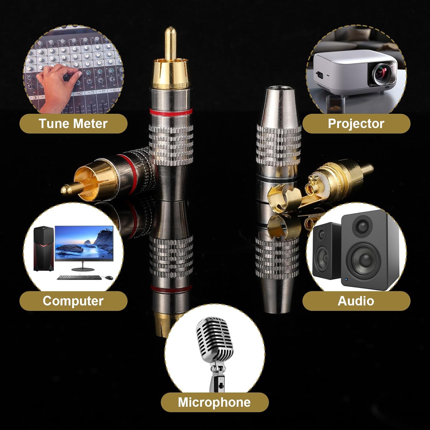 12 Pcs RCA Male Plug Connectors Solderless Gold Audio-Video Adapter Coaxial Cable Audio Adapter Gold Plug Male No Solder Connector for Home Theater Speaker Audio Video Receiver - Image 4