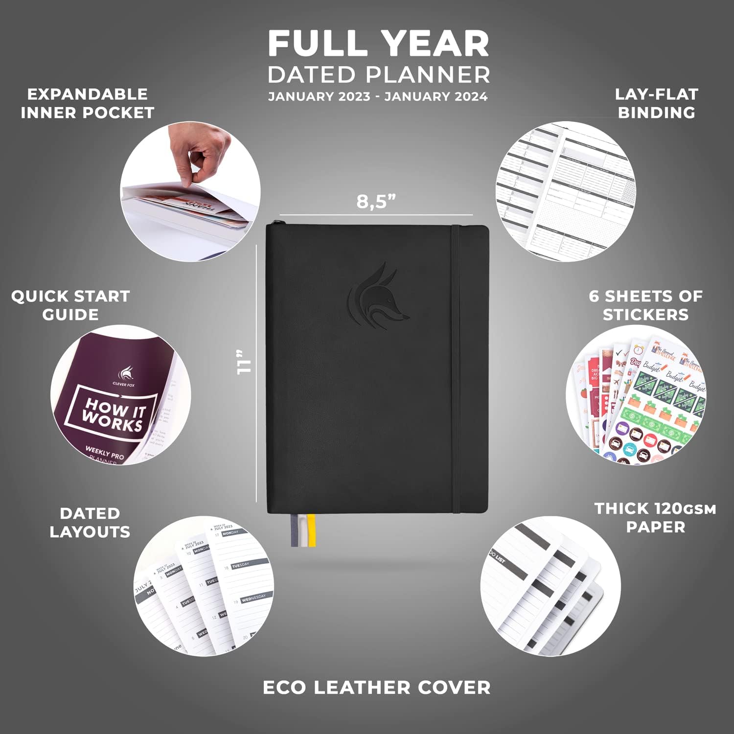 Clever Fox Planner PRO Dated (Jan 2023–Jan 2024) Weekly & Monthly Life Planner to Increase Productivity, Time Management and Hit Your Goals – Organizer, Gratitude Journal – 8.5 x 11" - Black