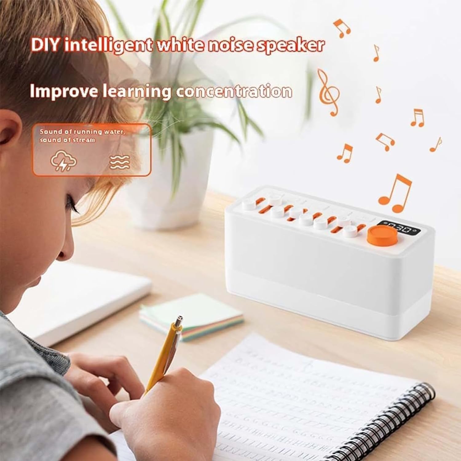 Child studying at a desk with Velmina Sound Box, text says 'DIY intelligent white noise speaker'